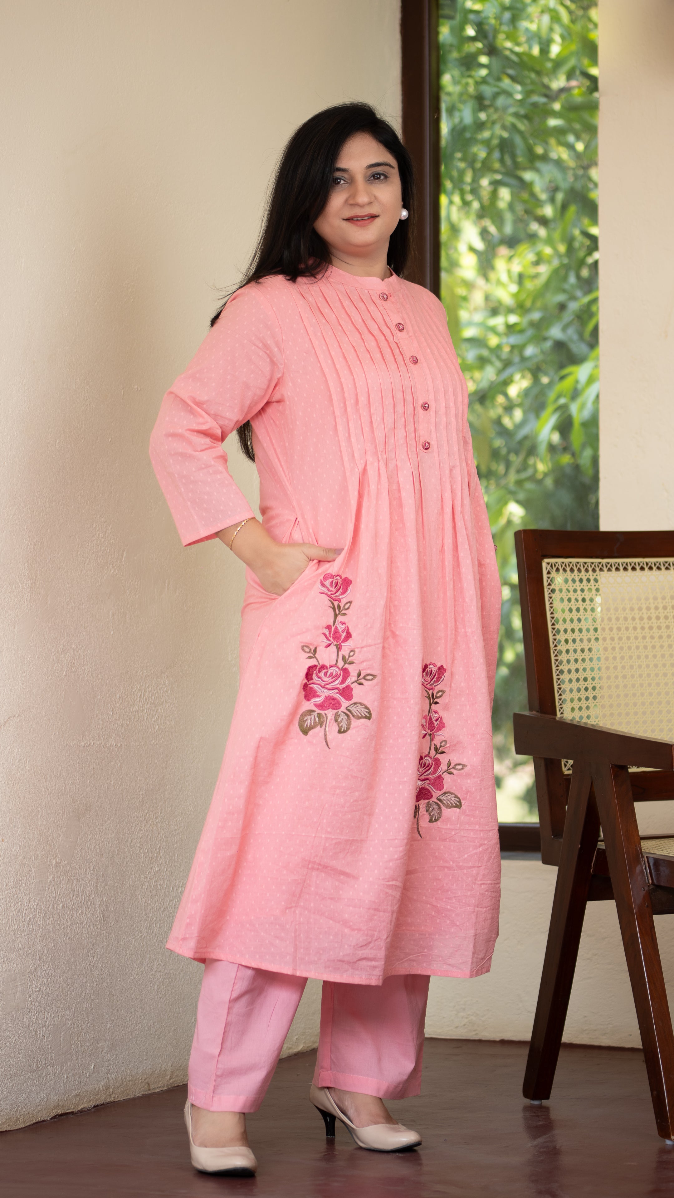 Ayaat Dobby Cotton A-line Embroidered Pant Set - The Jaipur Studio