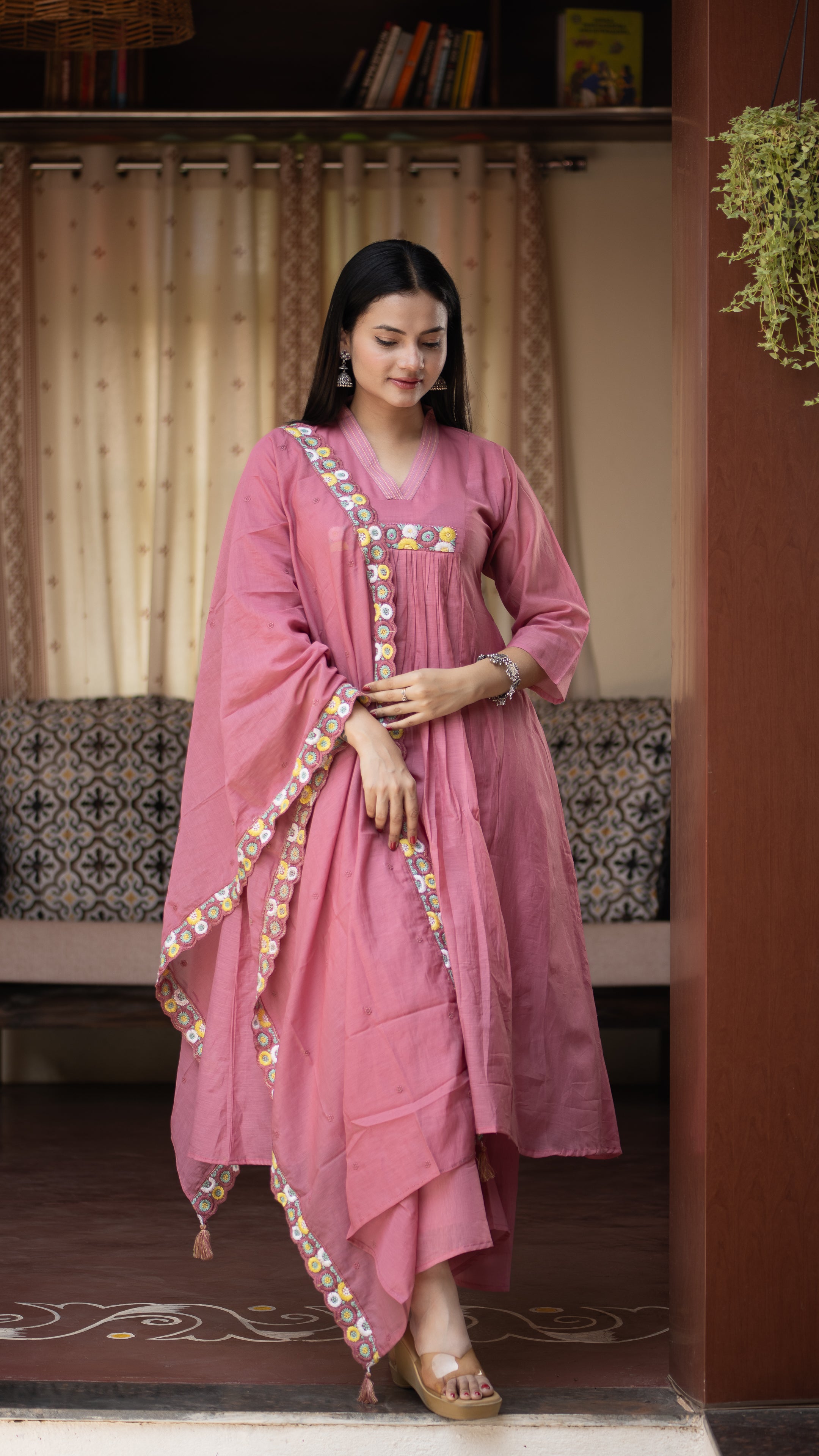 Zinia Mul Chanderi HandEmbroidered A-line Plazo Set - The Jaipur Studio