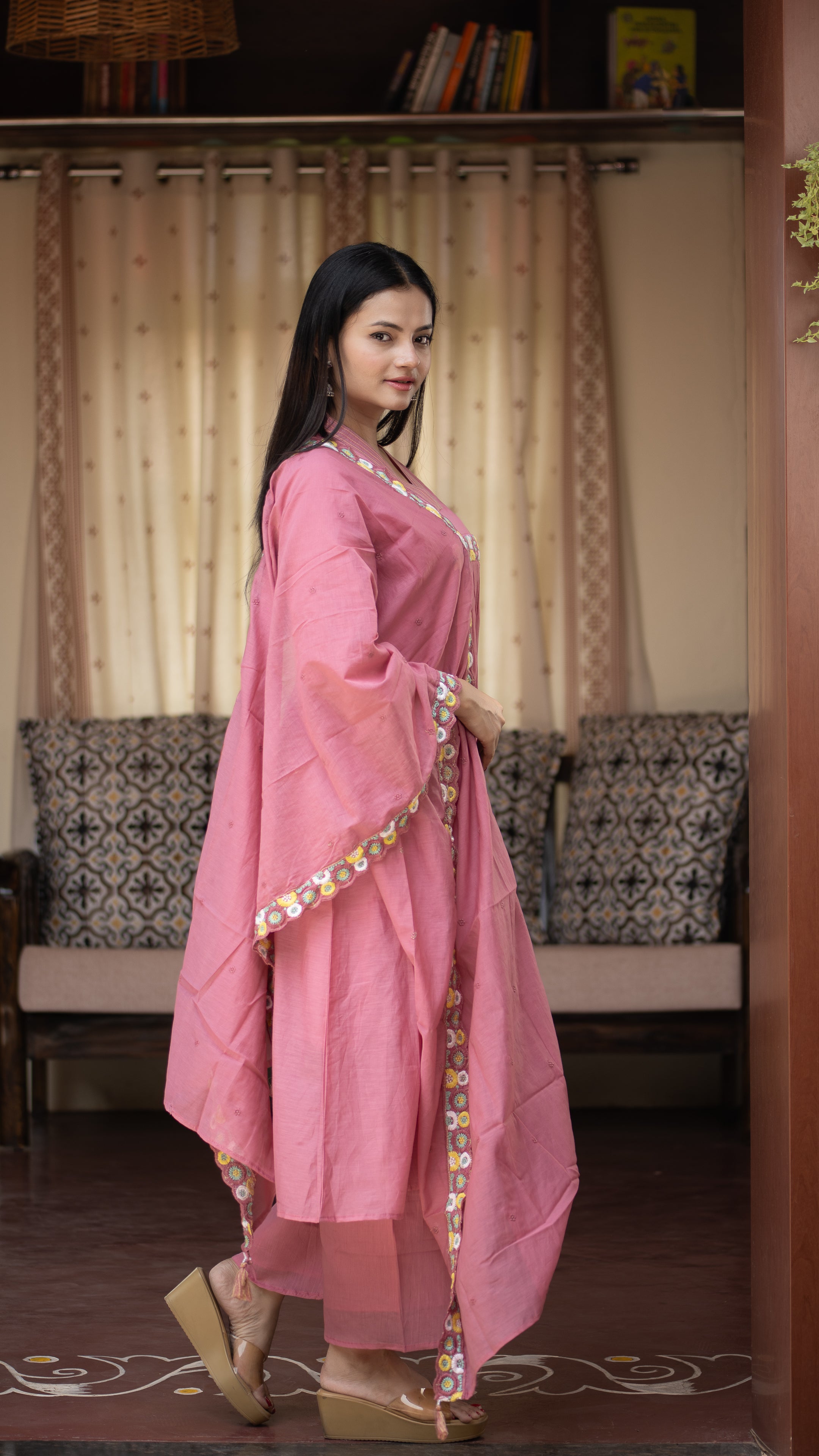 Zinia Mul Chanderi HandEmbroidered A-line Plazo Set - The Jaipur Studio