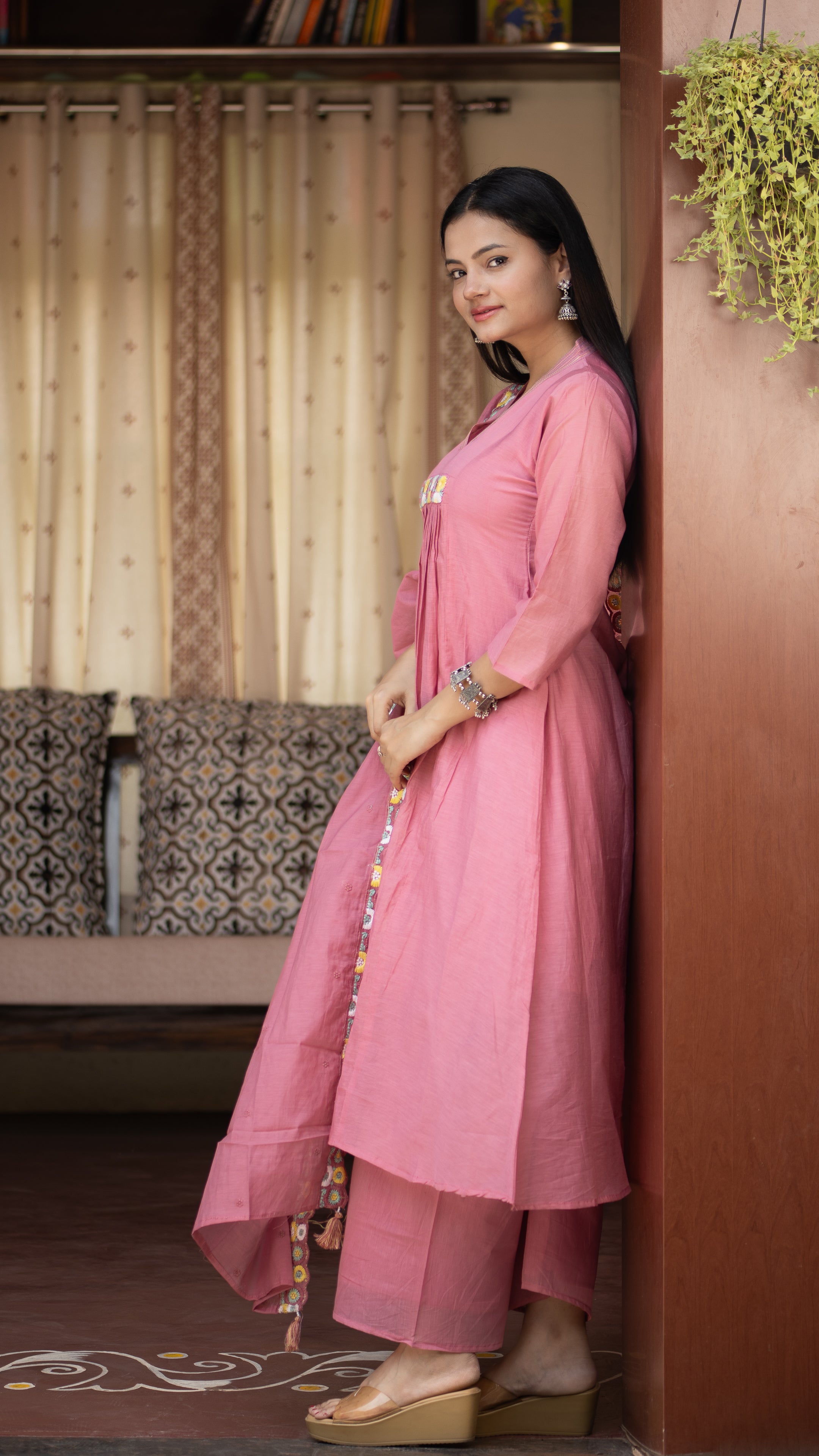 Zinia Mul Chanderi HandEmbroidered A-line Plazo Set - The Jaipur Studio