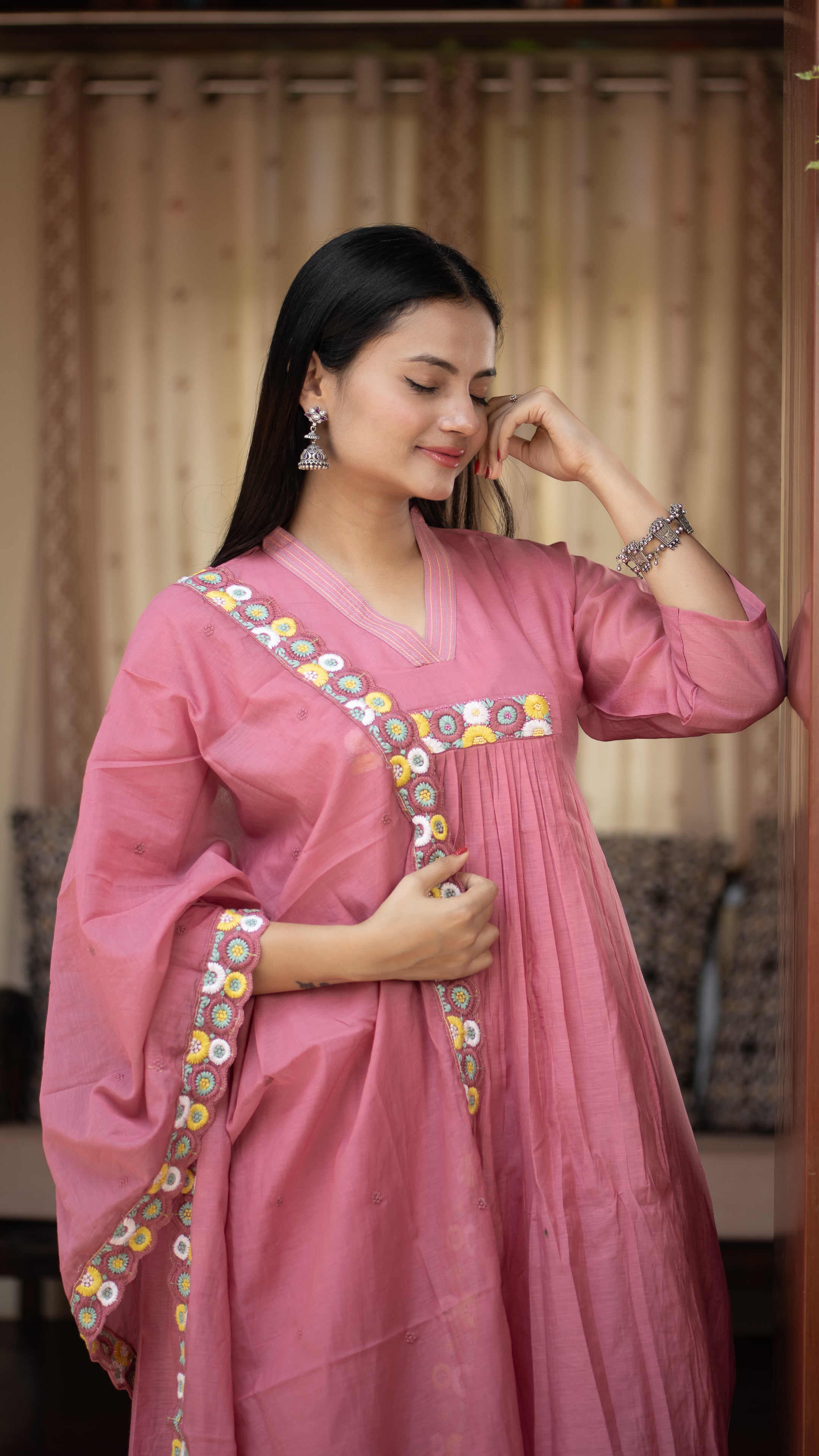 Zinia Mul Chanderi HandEmbroidered A-line Plazo Set - The Jaipur Studio