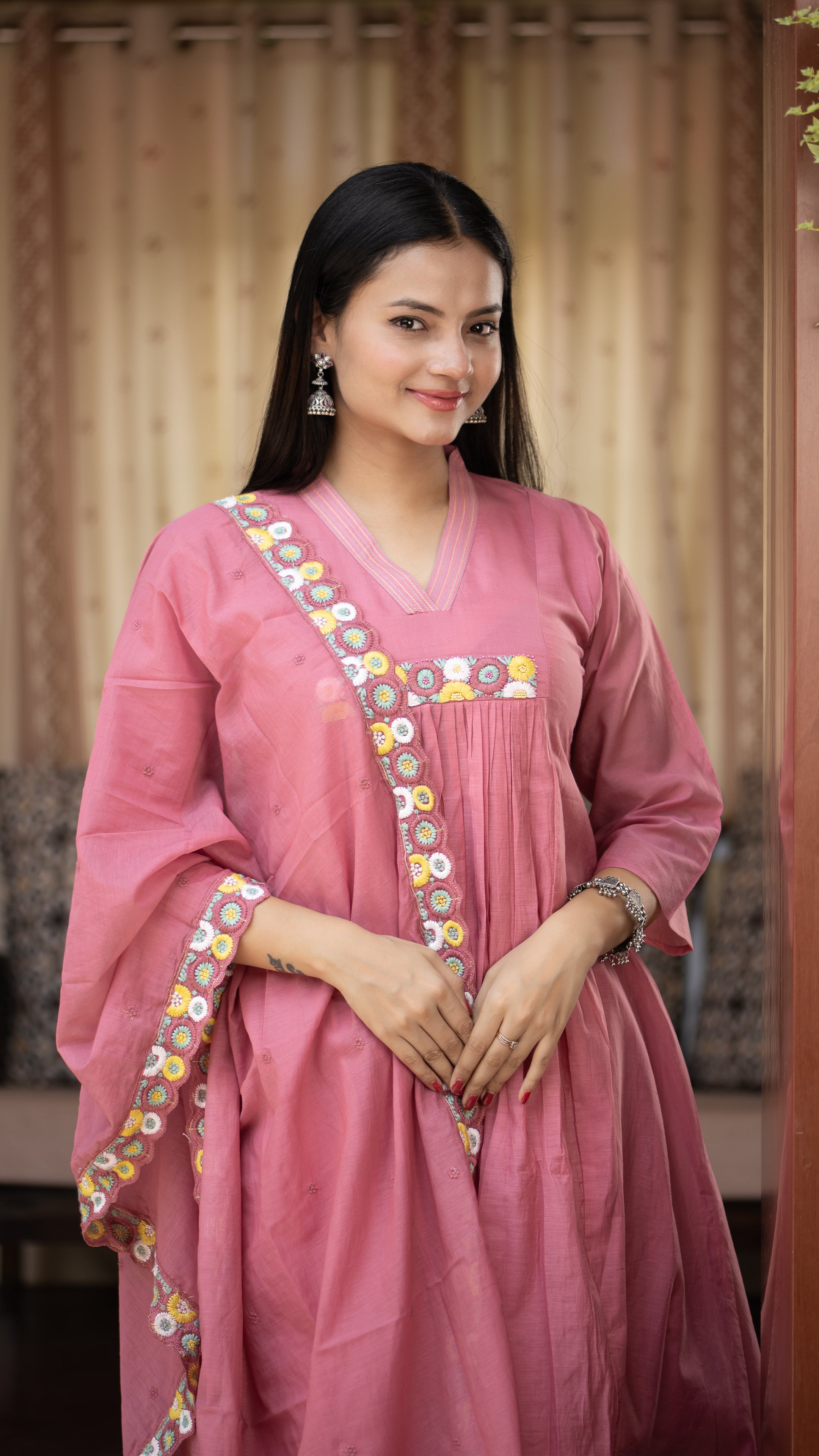 Zinia Mul Chanderi HandEmbroidered A-line Plazo Set - The Jaipur Studio