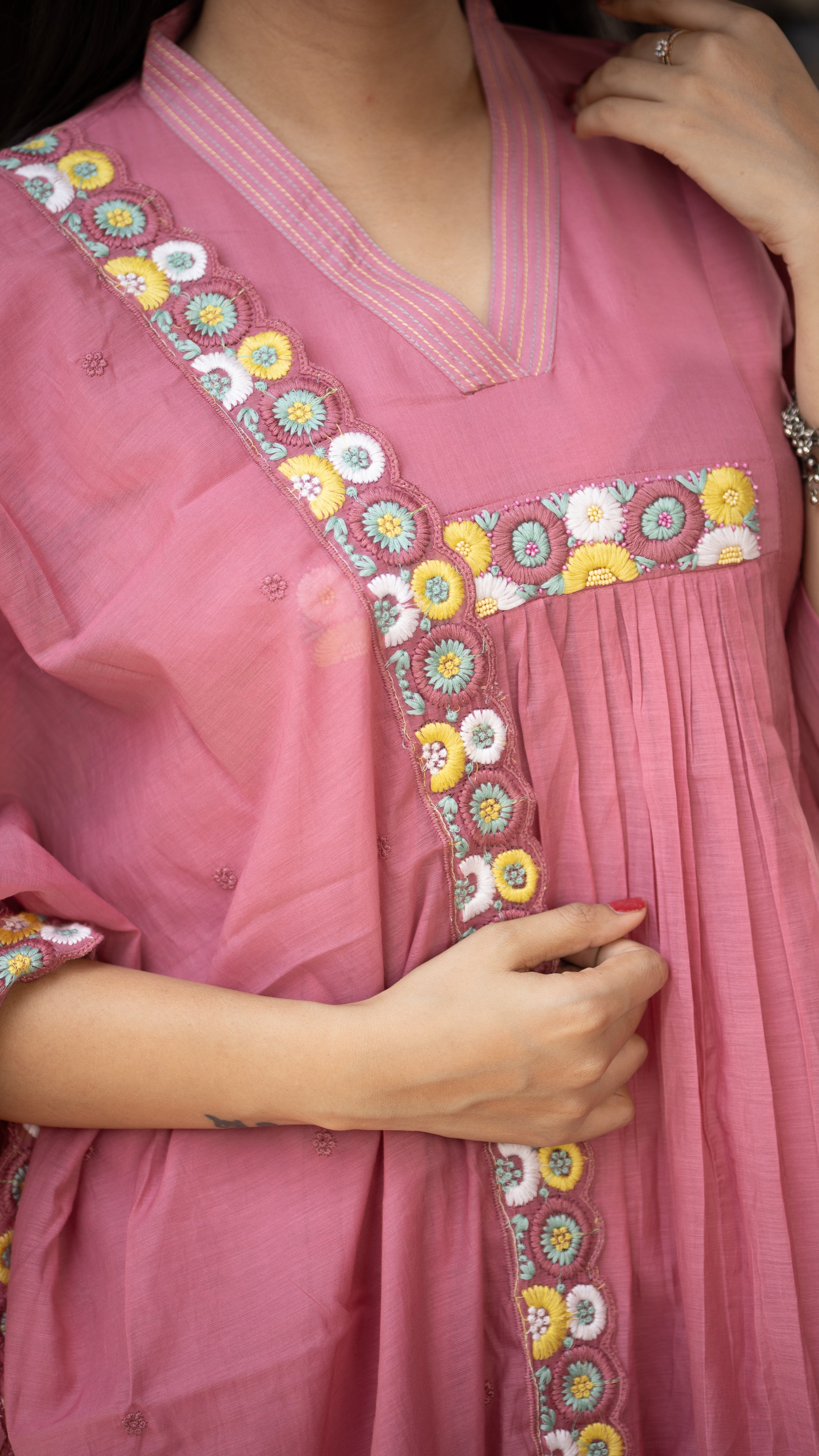 Zinia Mul Chanderi HandEmbroidered A-line Plazo Set - The Jaipur Studio