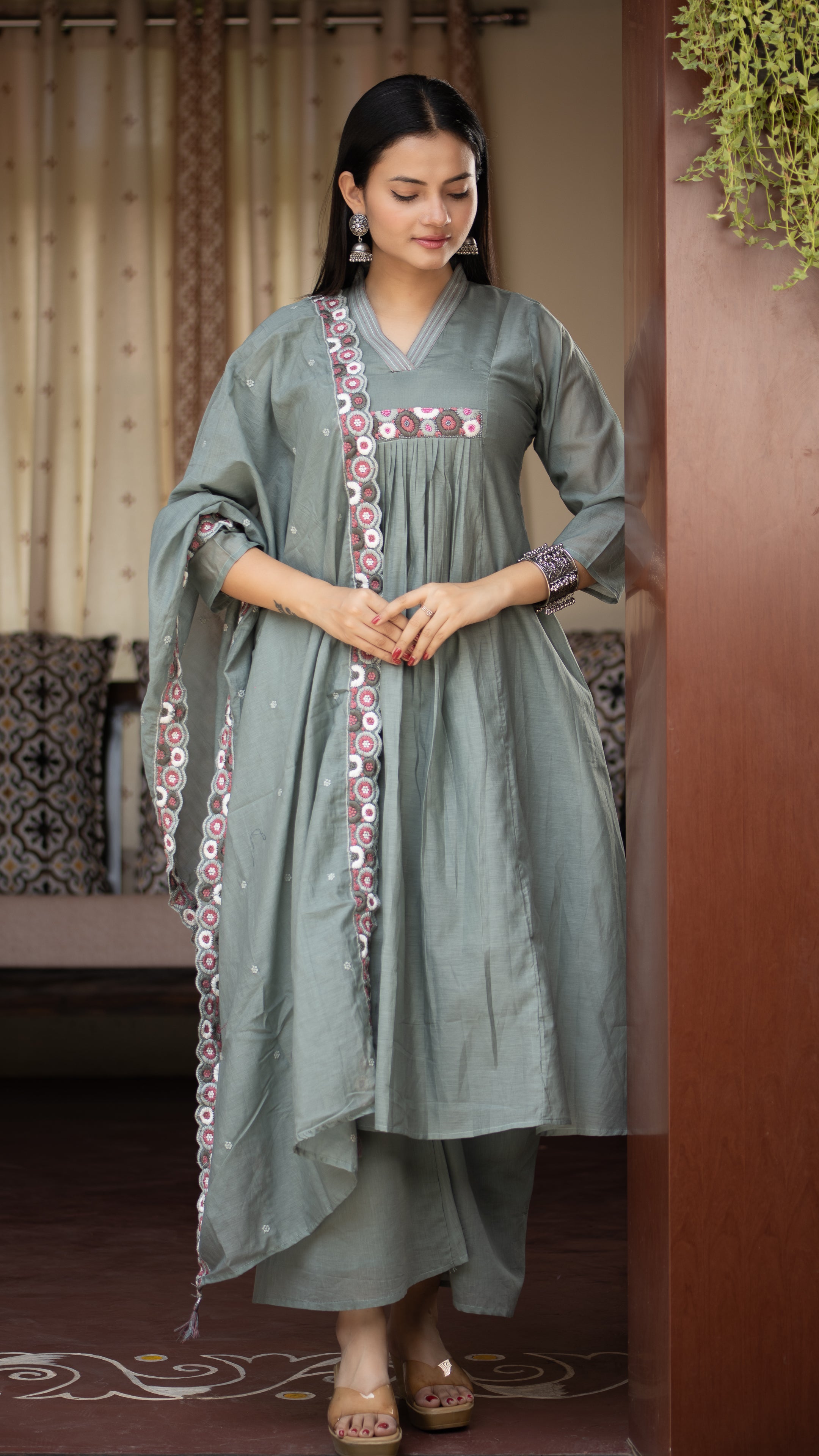 Zinia Mul Chanderi HandEmbroidered A-line Plazo Set - The Jaipur Studio