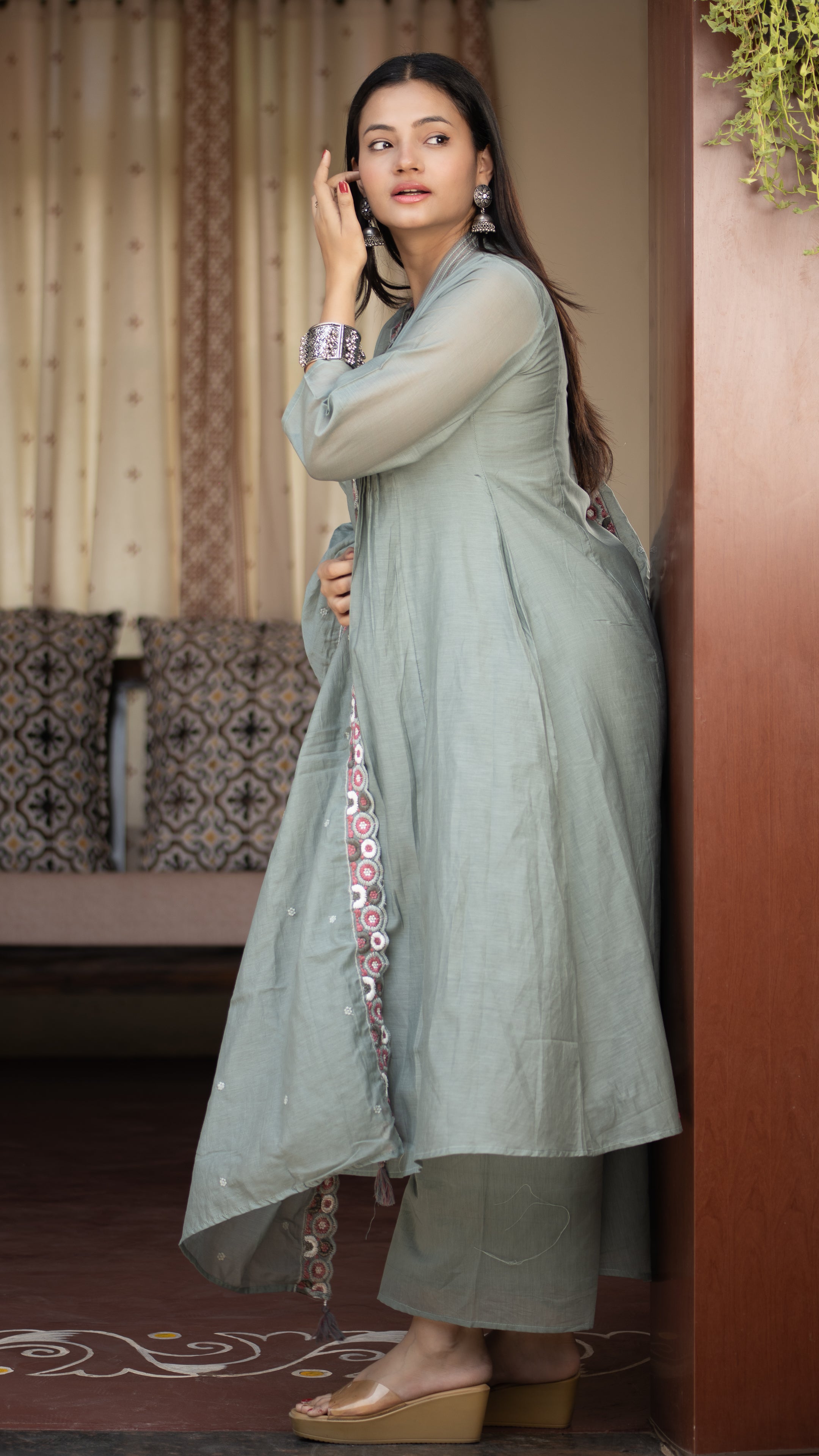 Zinia Mul Chanderi HandEmbroidered A-line Plazo Set - The Jaipur Studio