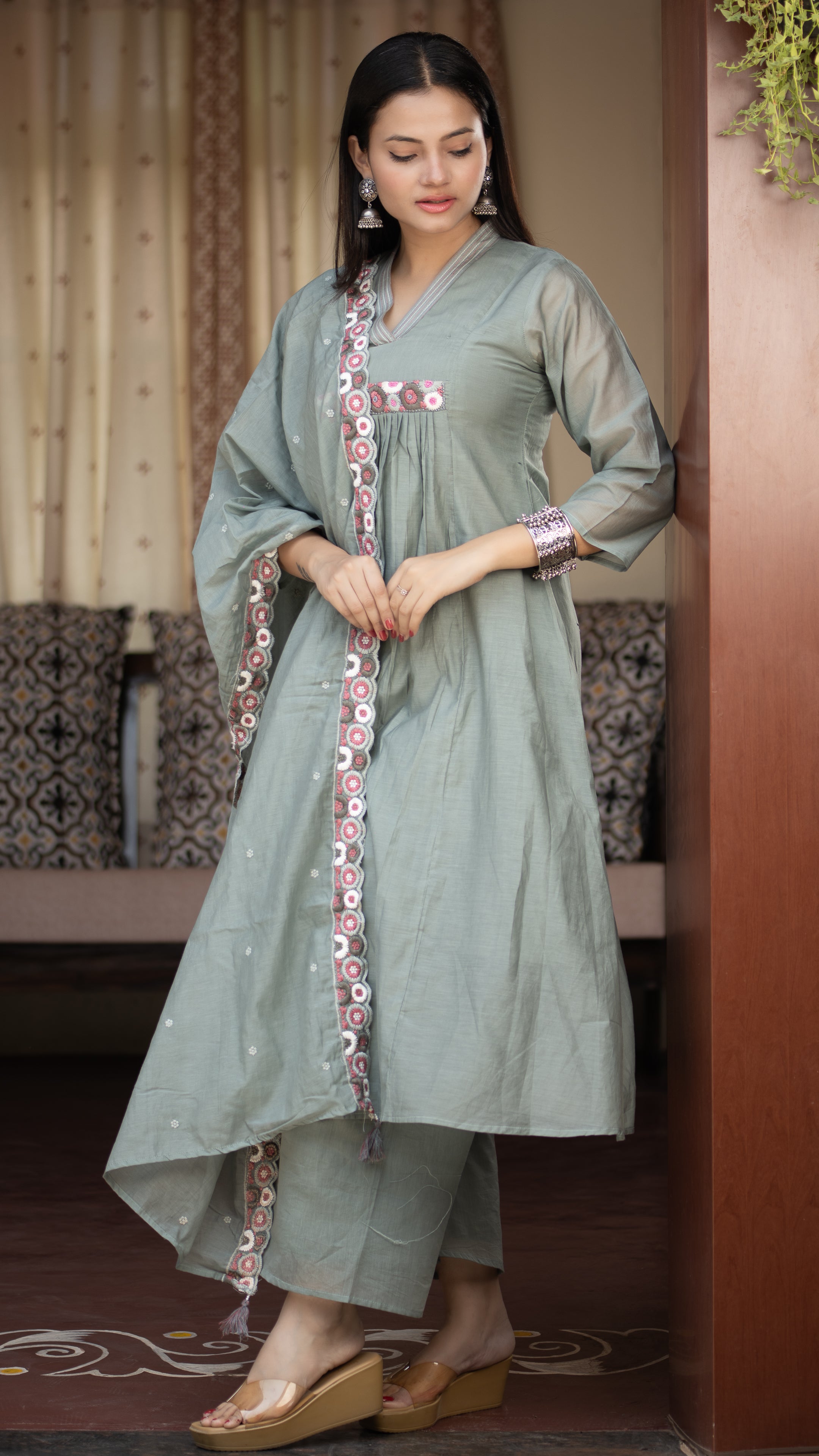 Zinia Mul Chanderi HandEmbroidered A-line Plazo Set - The Jaipur Studio
