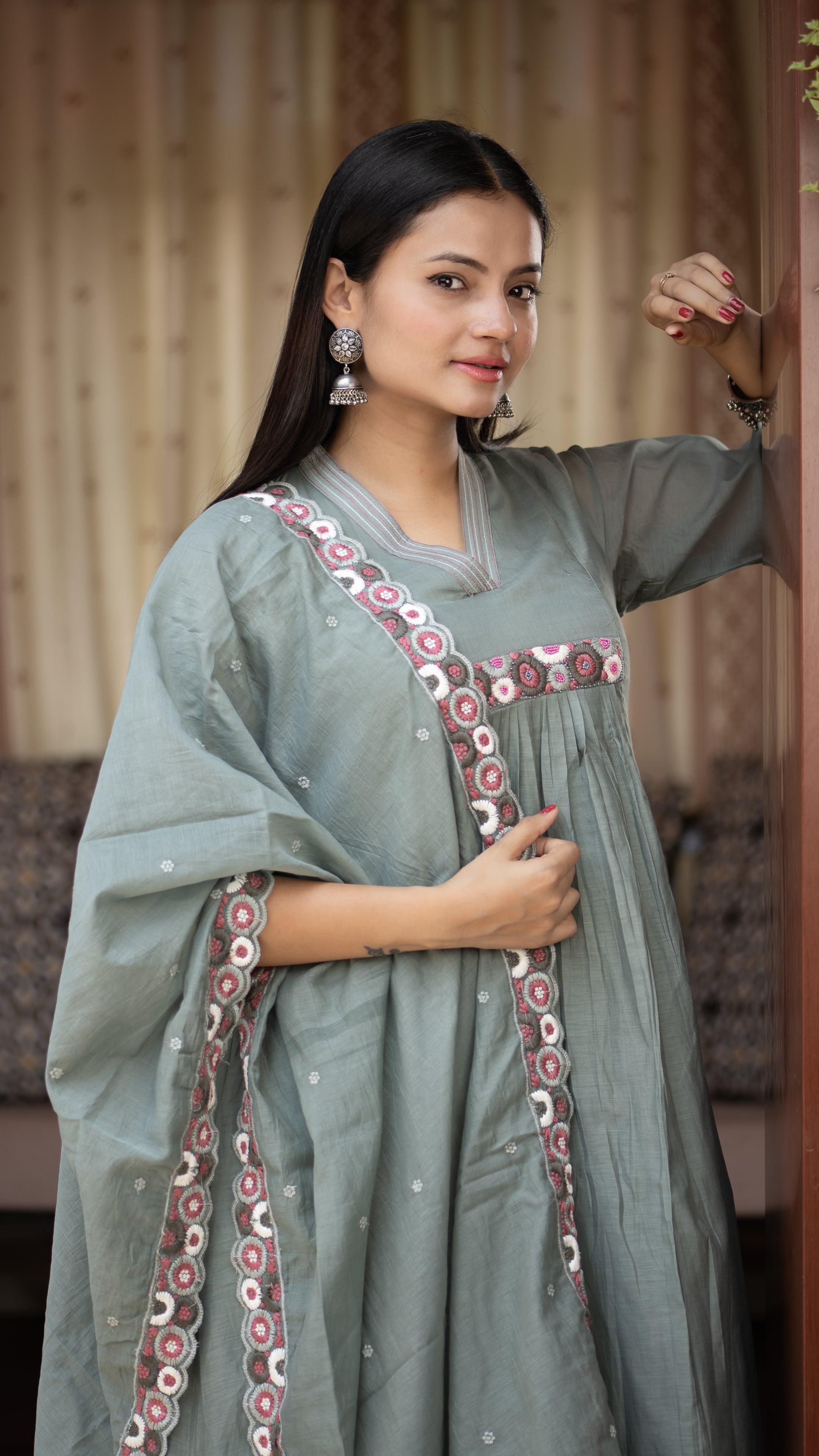 Zinia Mul Chanderi HandEmbroidered A-line Plazo Set - The Jaipur Studio