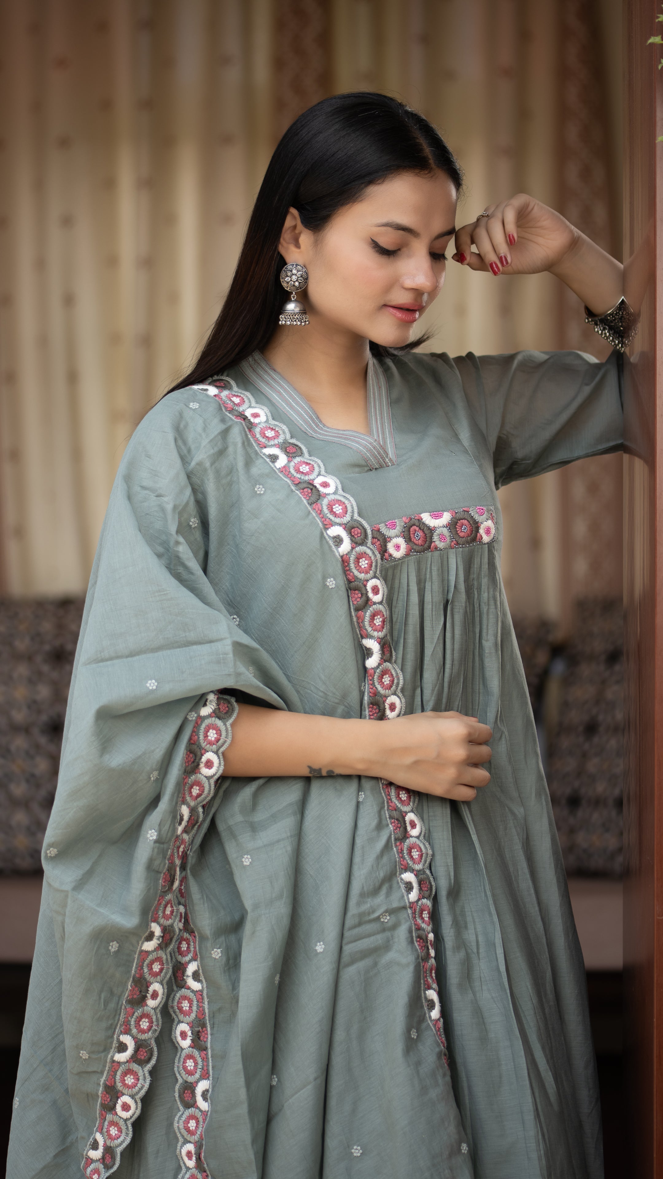 Zinia Mul Chanderi HandEmbroidered A-line Plazo Set - The Jaipur Studio
