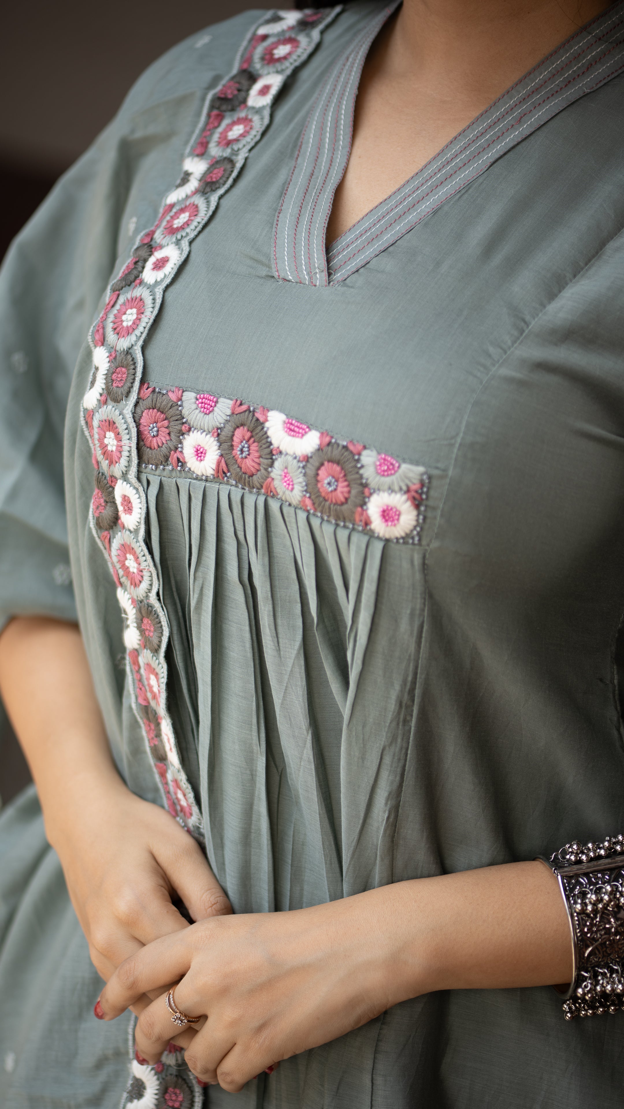 Zinia Mul Chanderi HandEmbroidered A-line Plazo Set - The Jaipur Studio