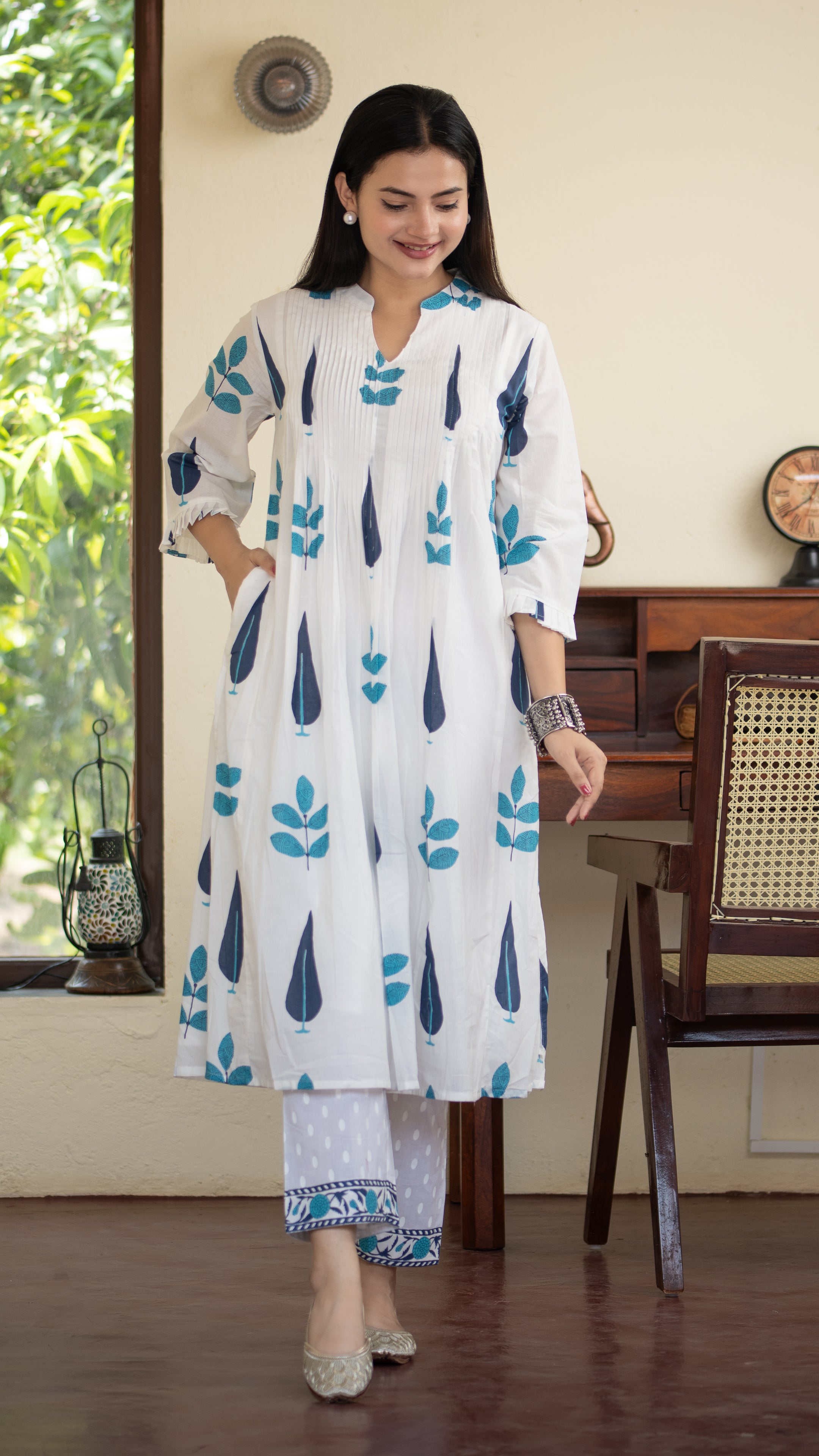Akrita Cotton A-line Handblock Pant Set - The Jaipur Studio