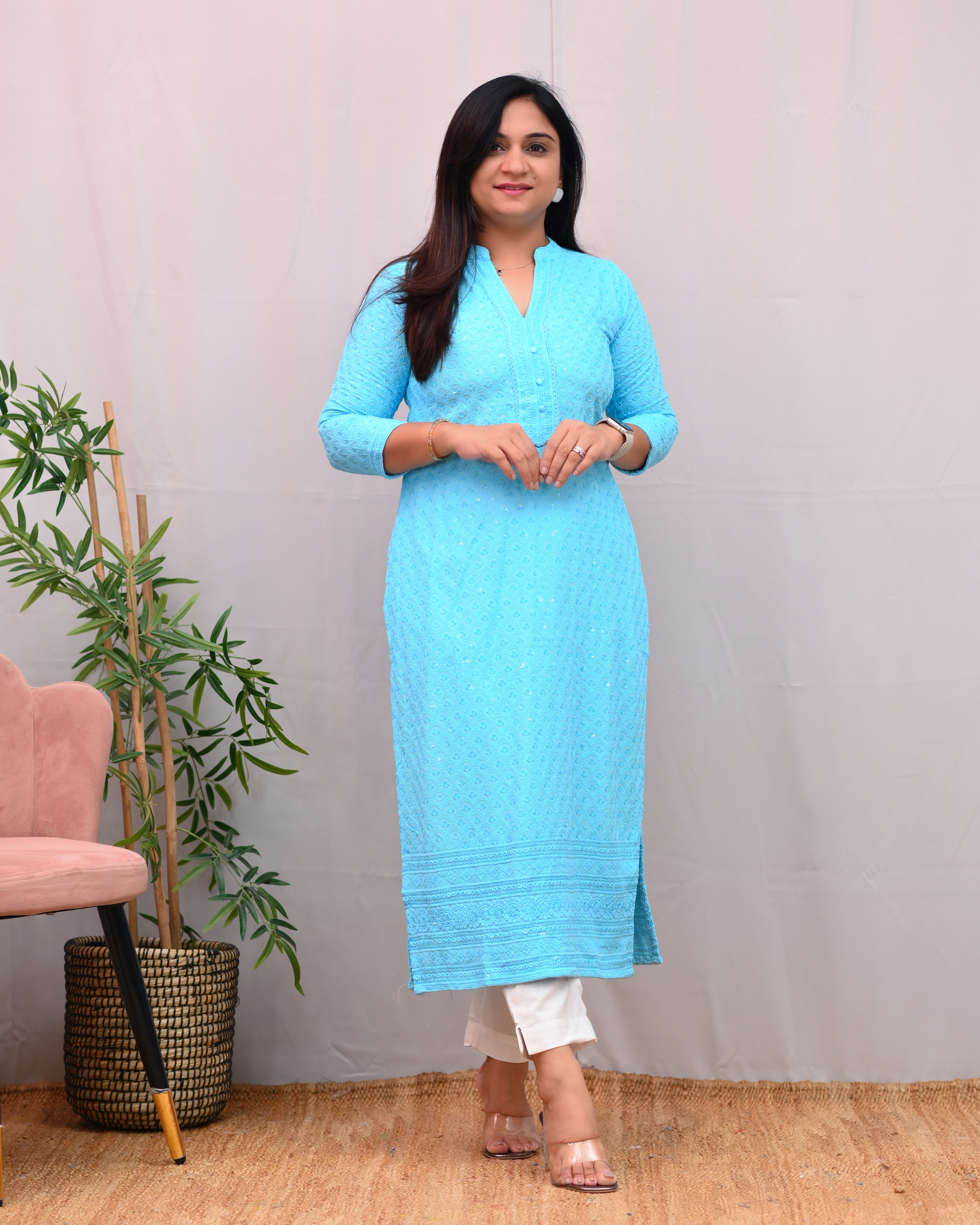 Venus Rayon Chikankari Casual Straight Kurta - The Jaipur Studio