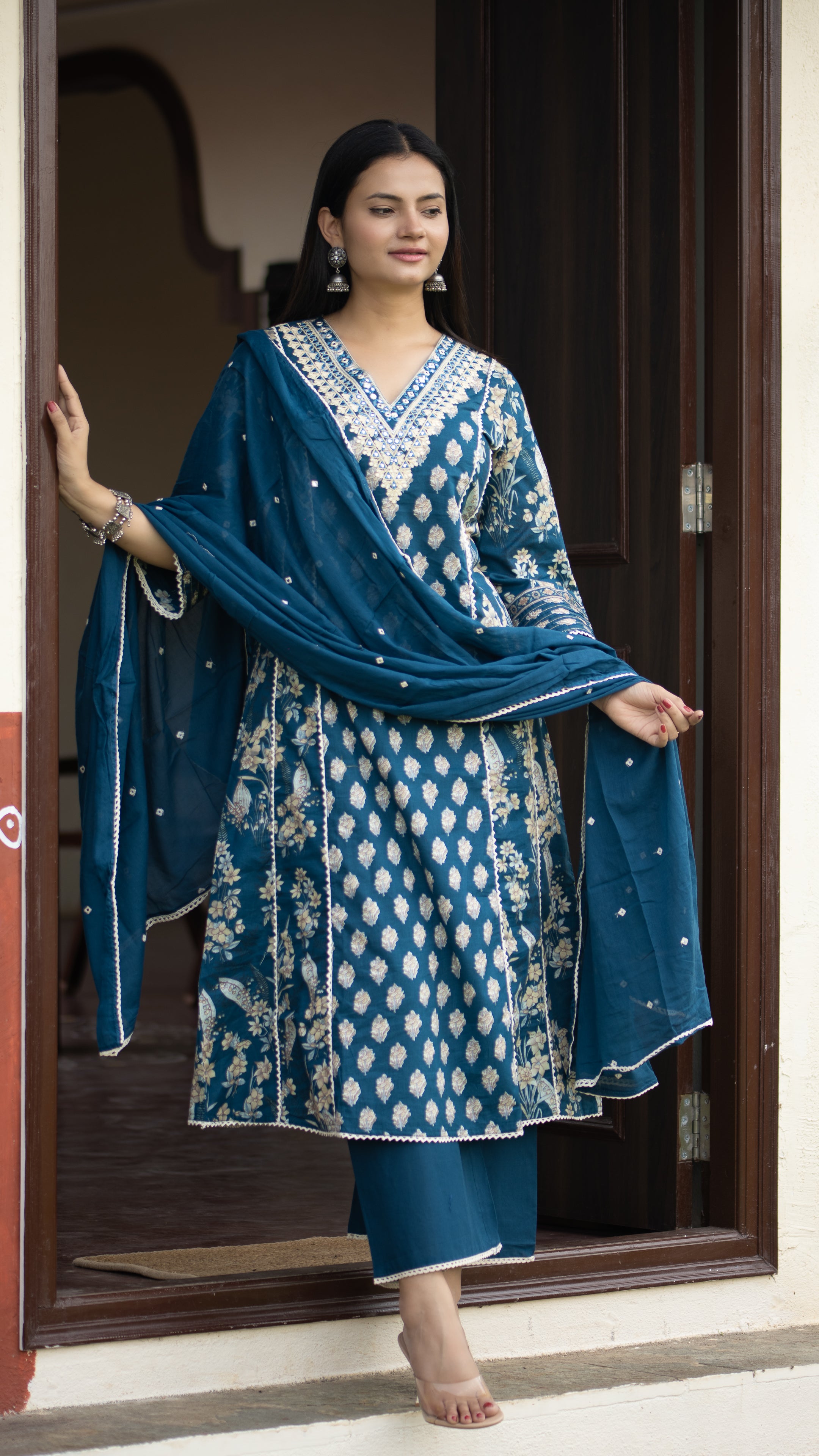 Sadiya Cotton Handblock Embroidered Pakistani Suit - The Jaipur Studio