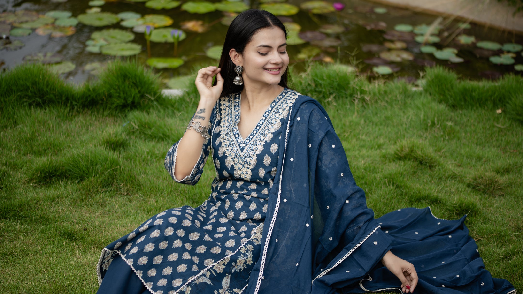 Sadiya Cotton Handblock Embroidered Pakistani Suit - The Jaipur Studio