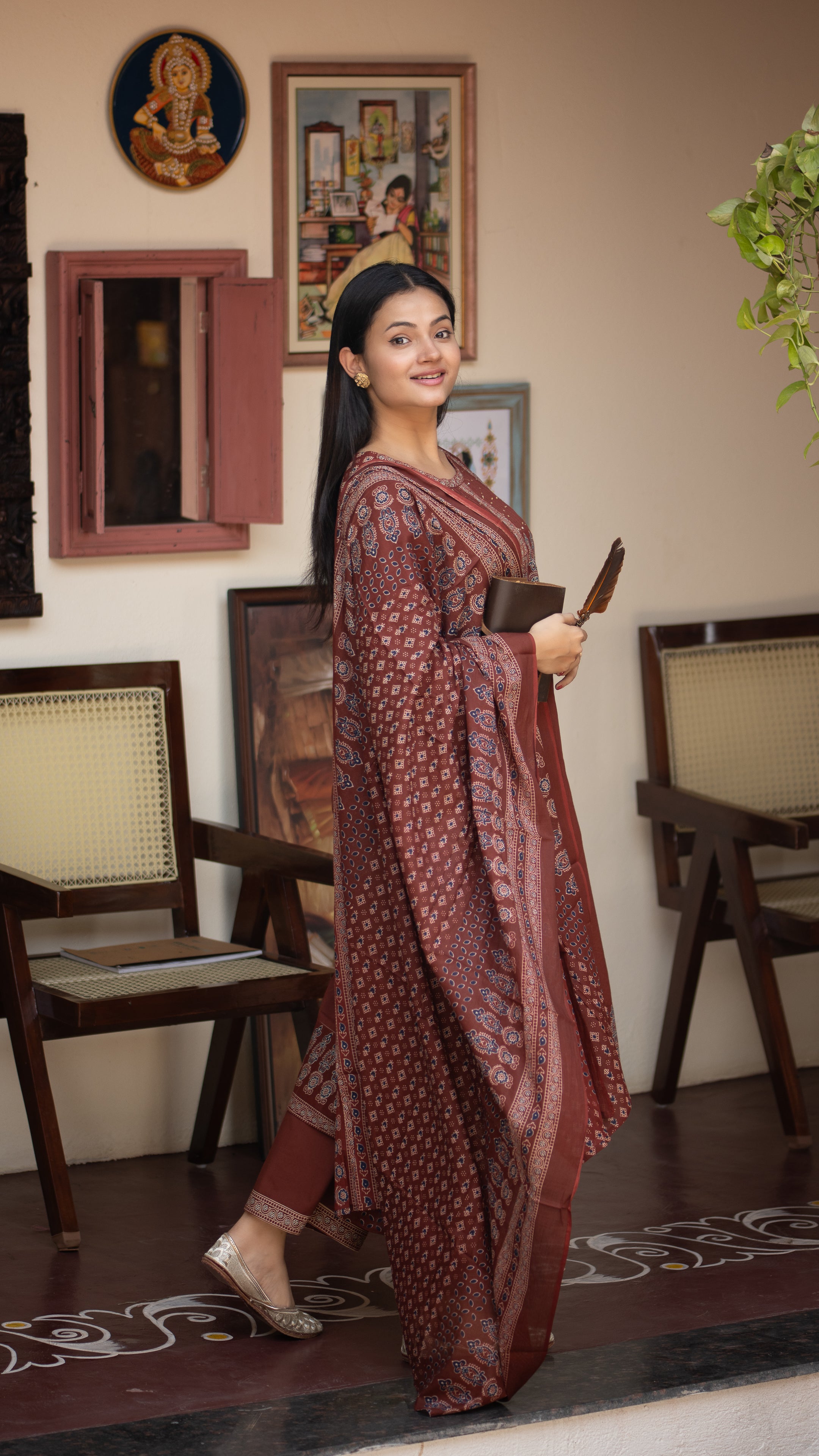 Deliah Handblock Premium Cotton Detailed Pant set - The Jaipur Studio