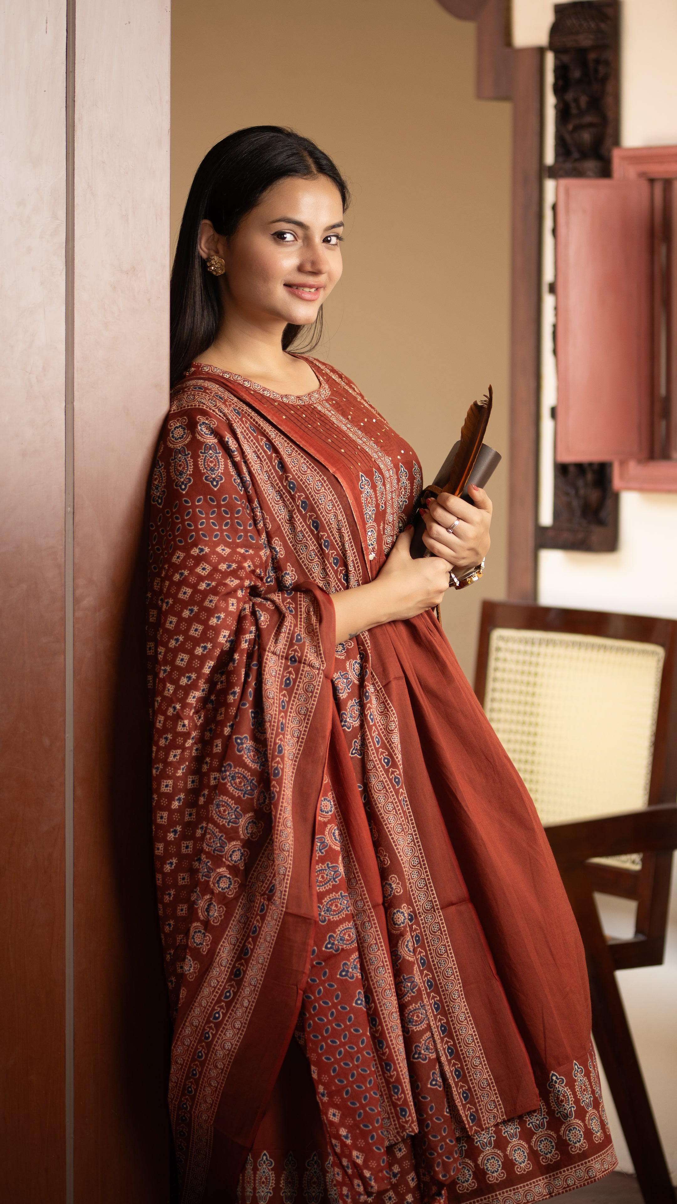 Deliah Handblock Premium Cotton Detailed Pant set - The Jaipur Studio