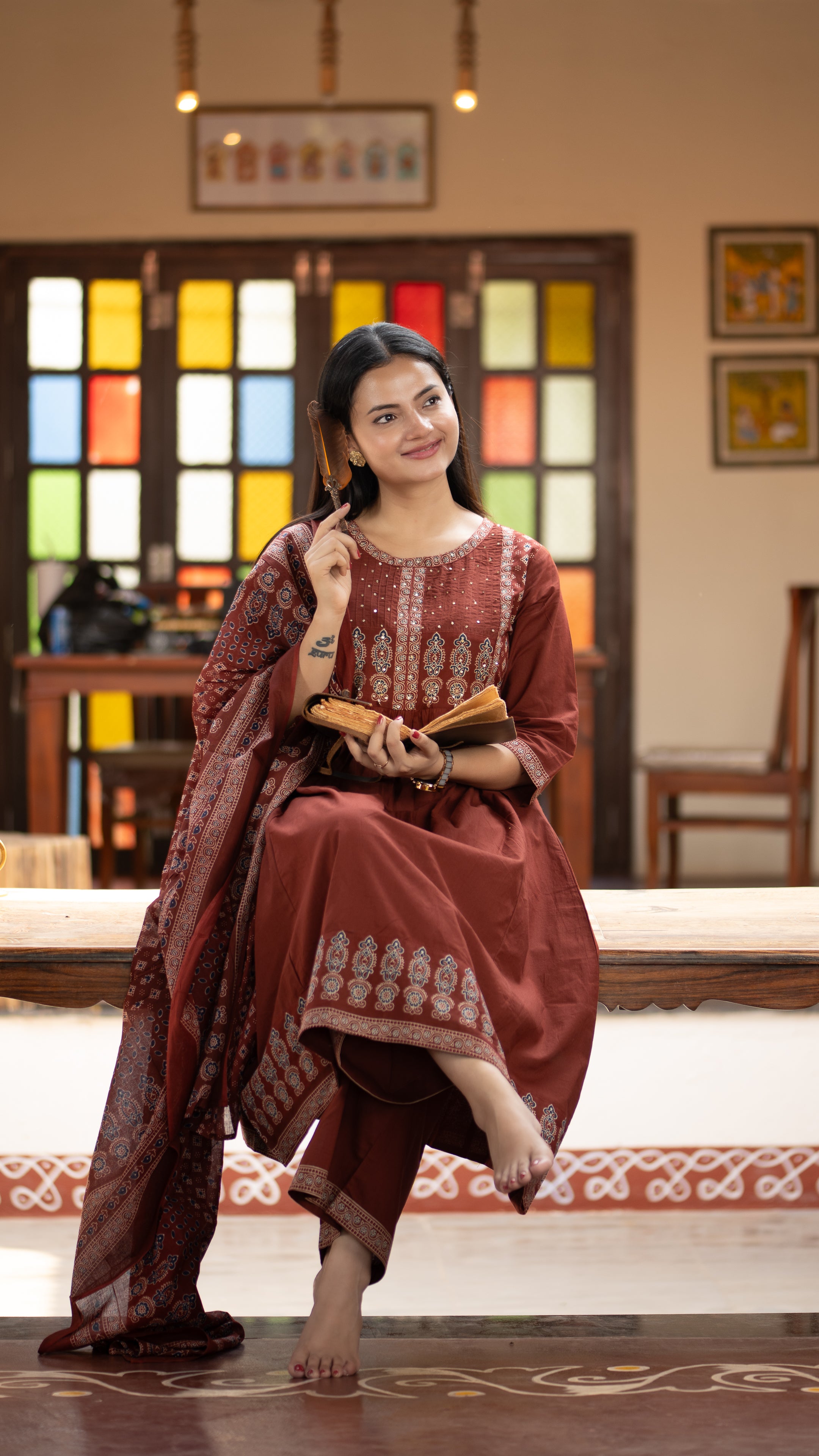 Deliah Handblock Premium Cotton Detailed Pant set - The Jaipur Studio