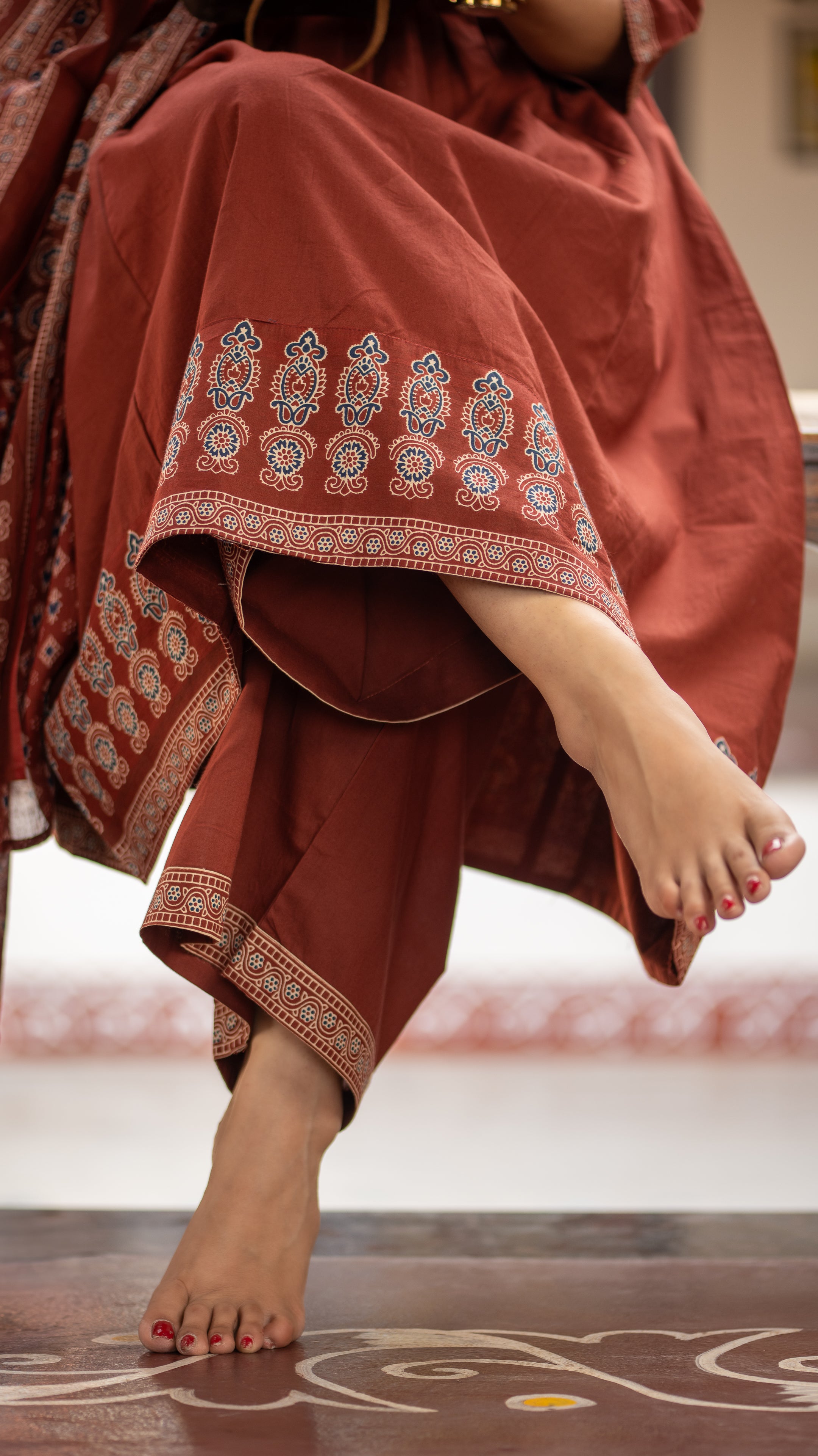 Deliah Handblock Premium Cotton Detailed Pant set - The Jaipur Studio