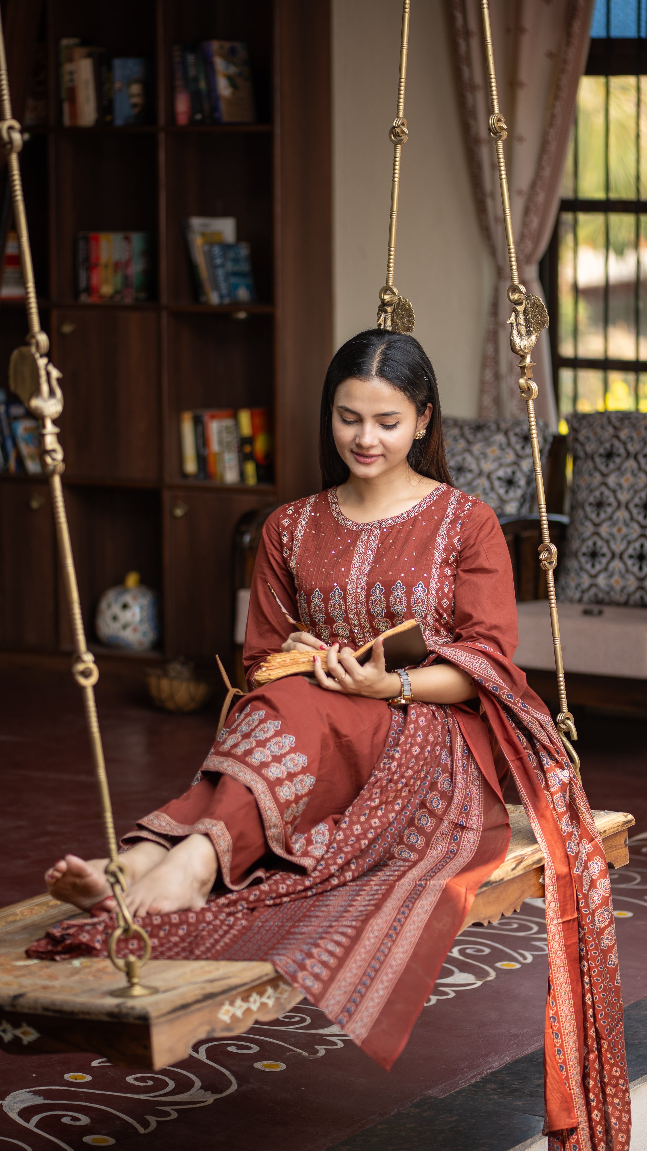Deliah Handblock Premium Cotton Detailed Pant set - The Jaipur Studio
