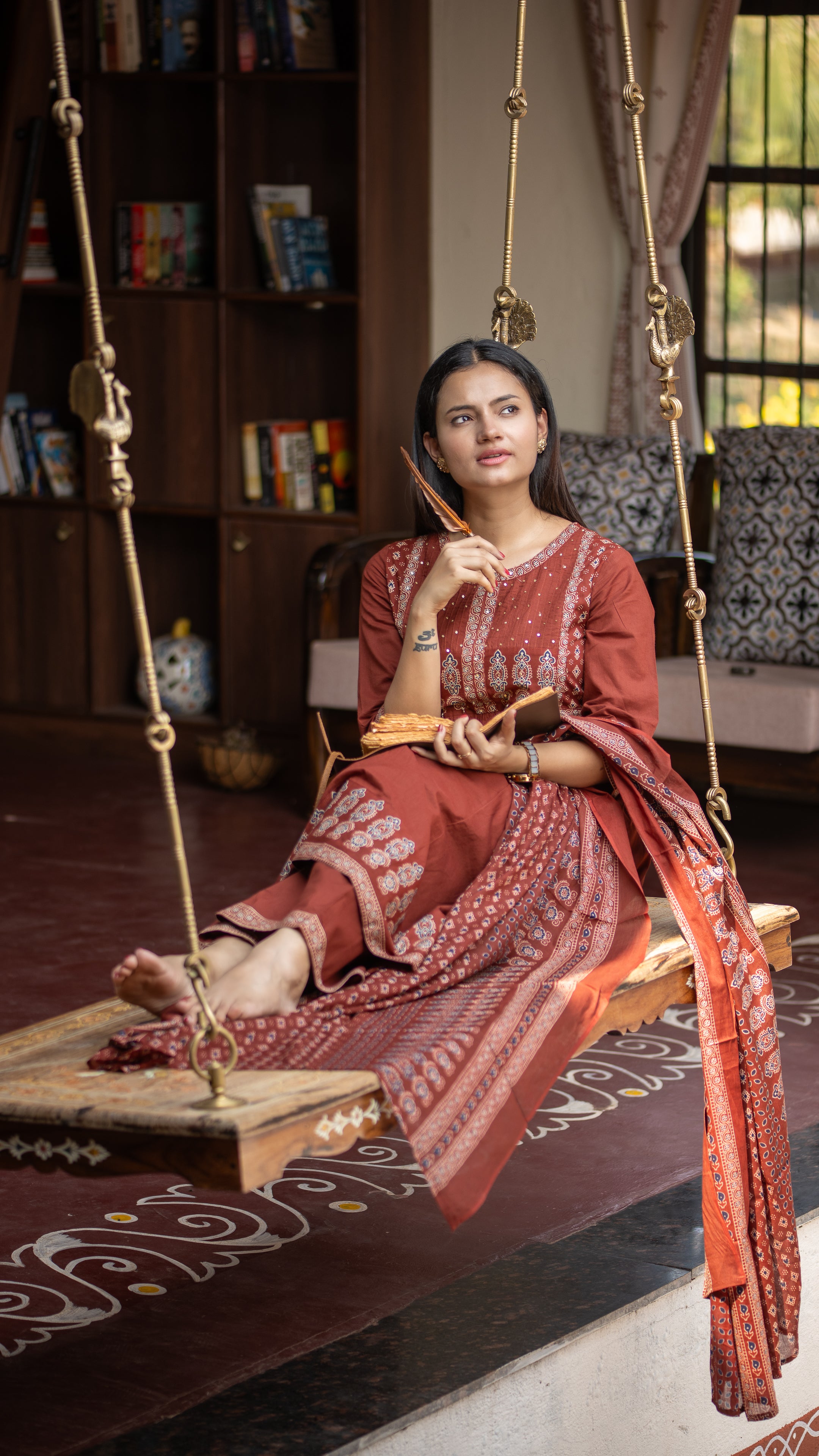 Deliah Handblock Premium Cotton Detailed Pant set - The Jaipur Studio