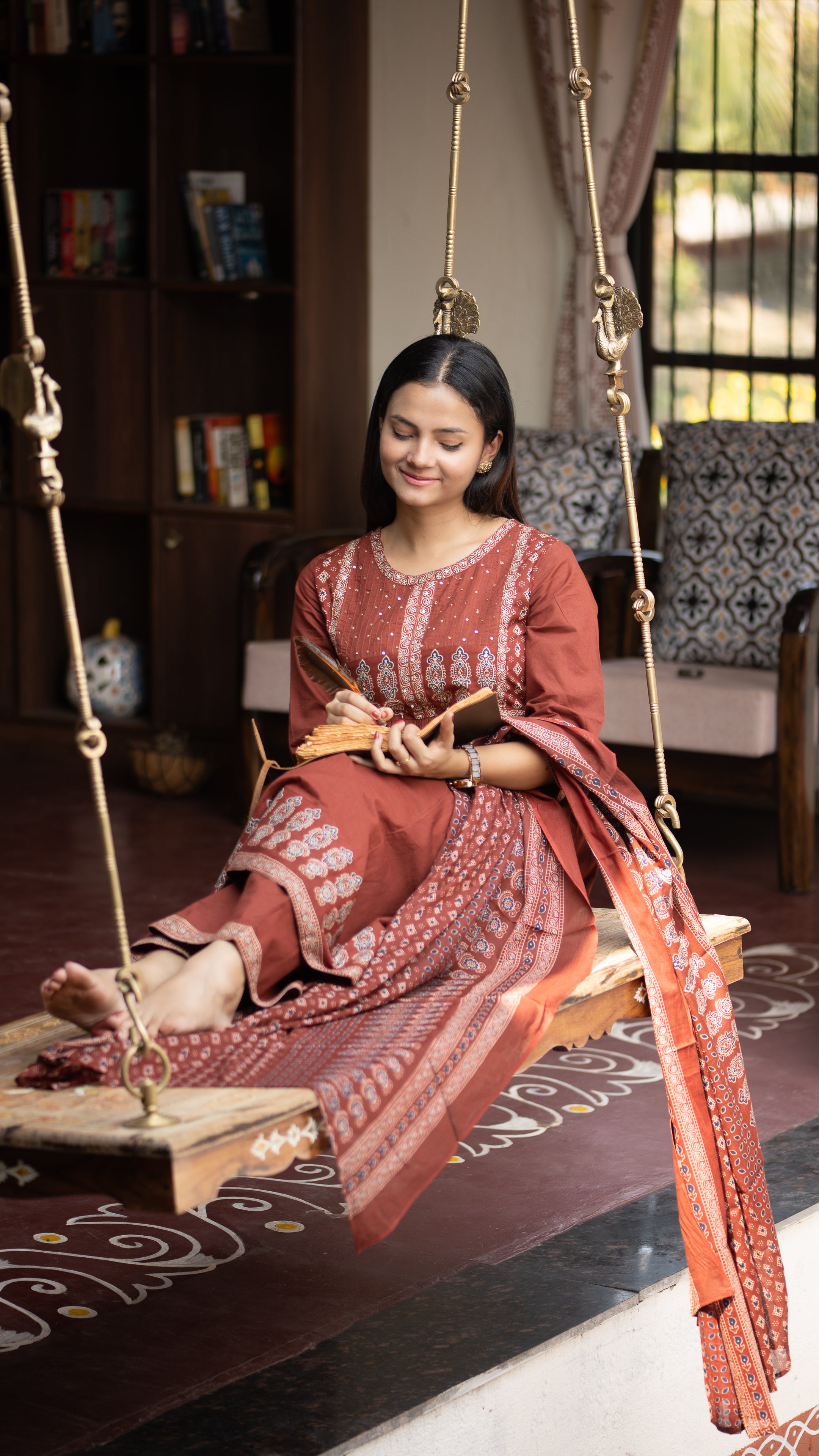 Deliah Handblock Premium Cotton Detailed Pant set - The Jaipur Studio