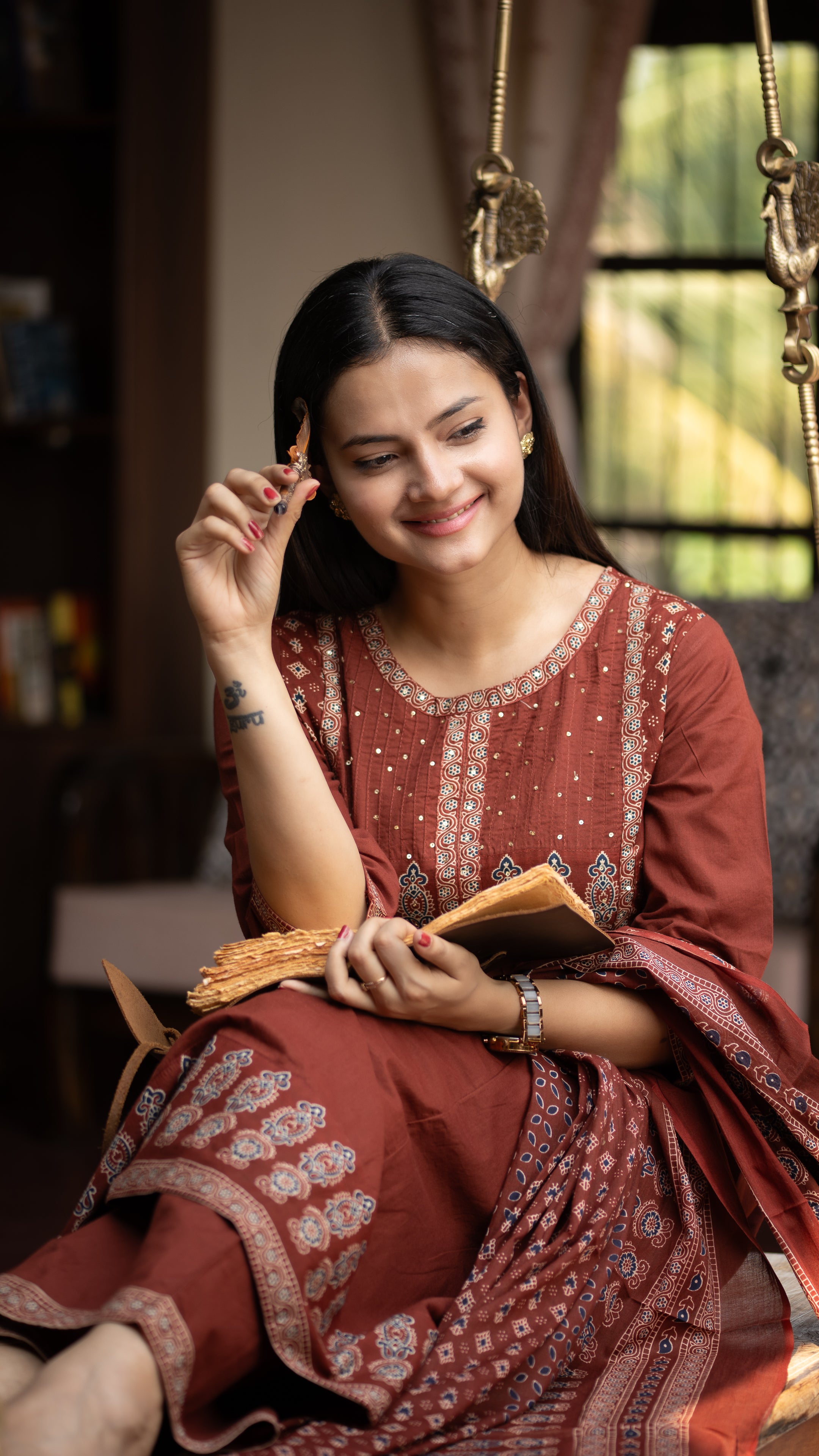 Deliah Handblock Premium Cotton Detailed Pant set - The Jaipur Studio