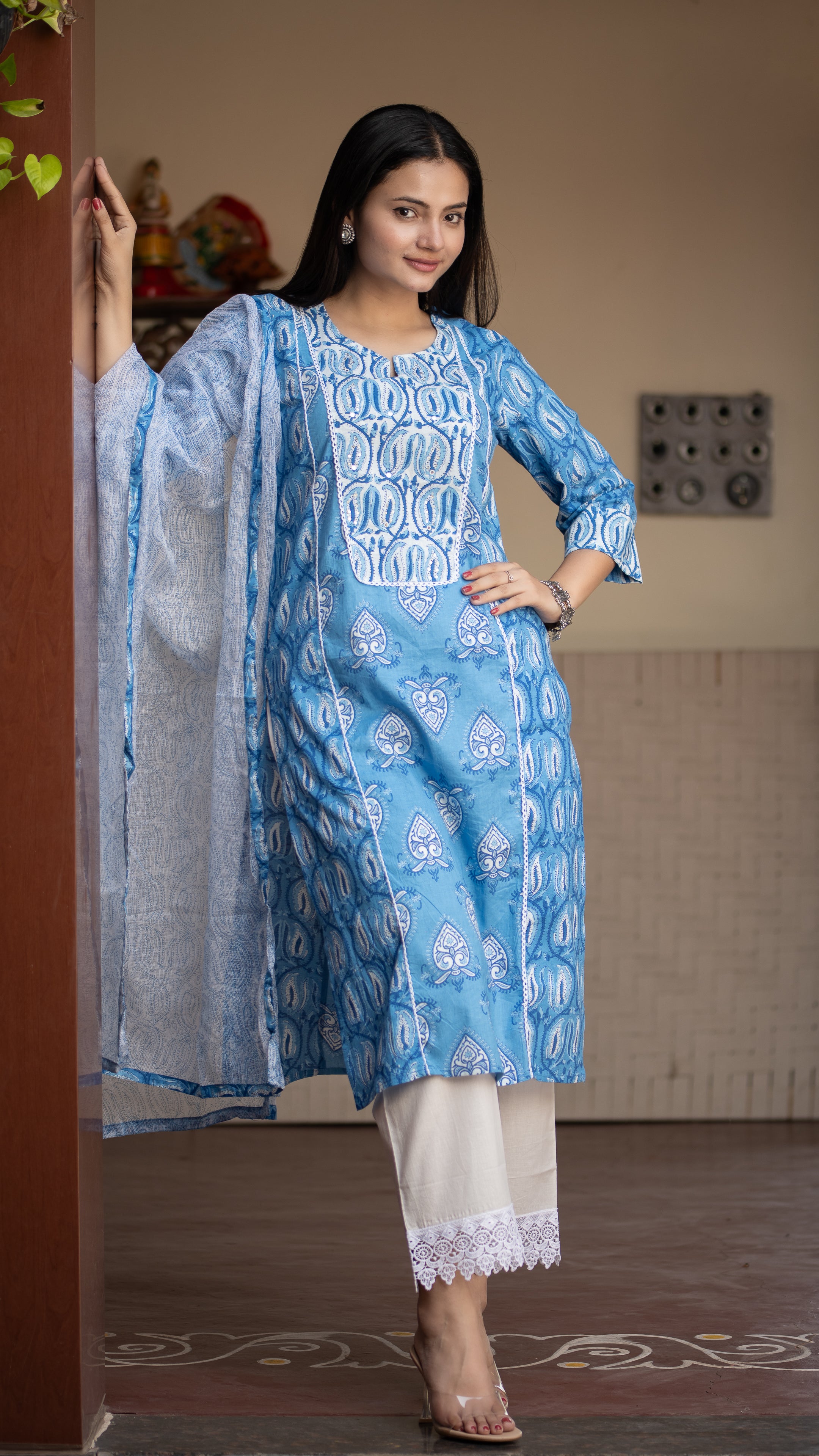 Mashia Cotton Pakistani Suit with Lace Detailing - The Jaipur Studio