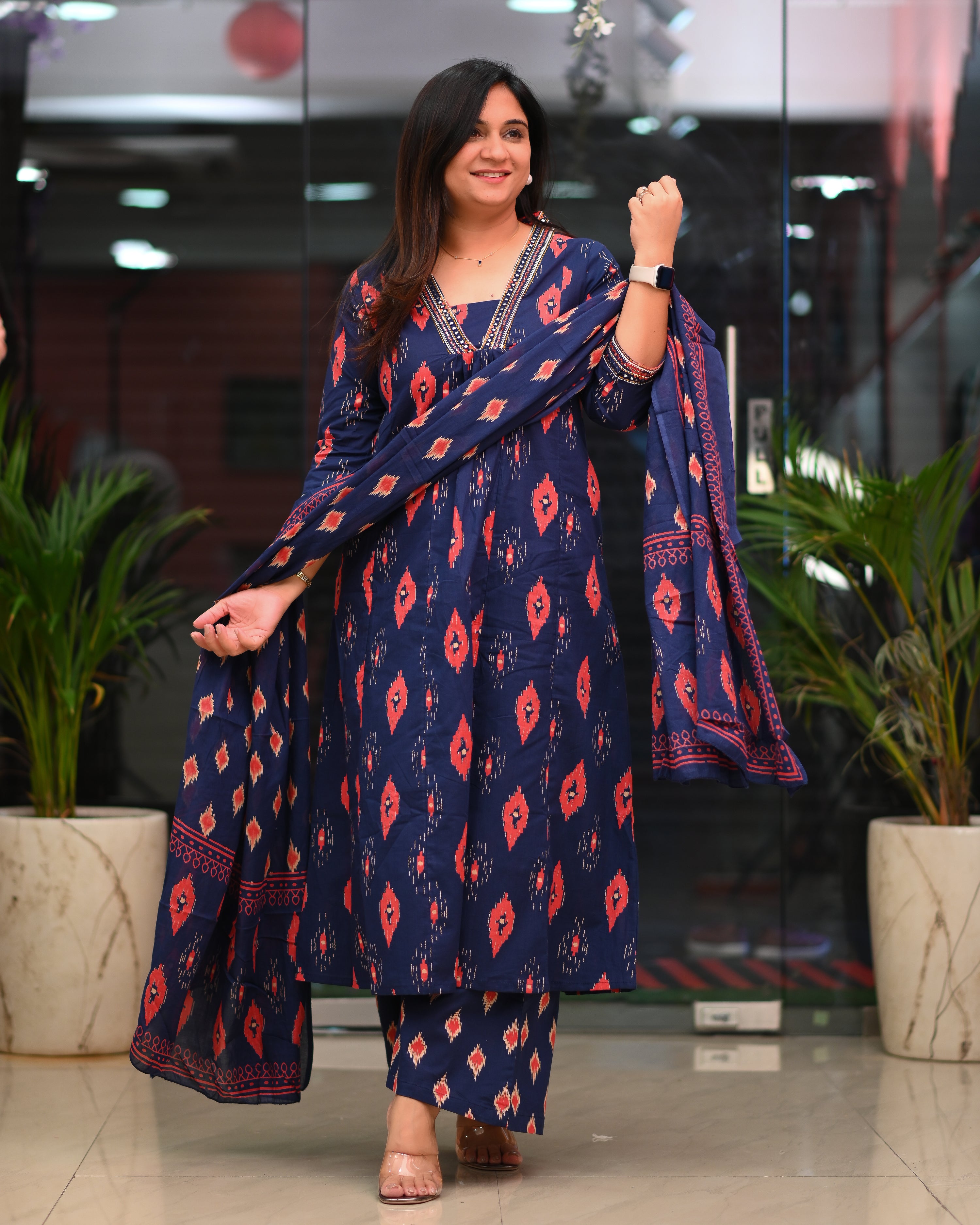 Heena Ikkat Cotton A-line Divider Set with Pockets - The Jaipur Studio