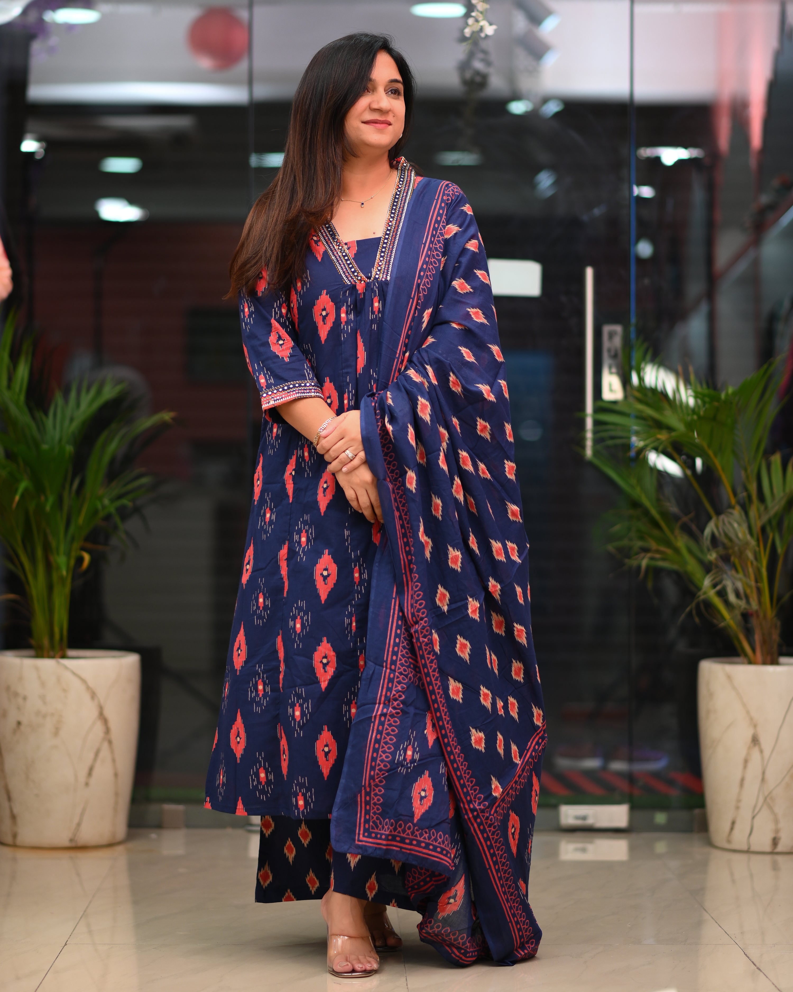 Heena Ikkat Cotton A-line Divider Set with Pockets - The Jaipur Studio