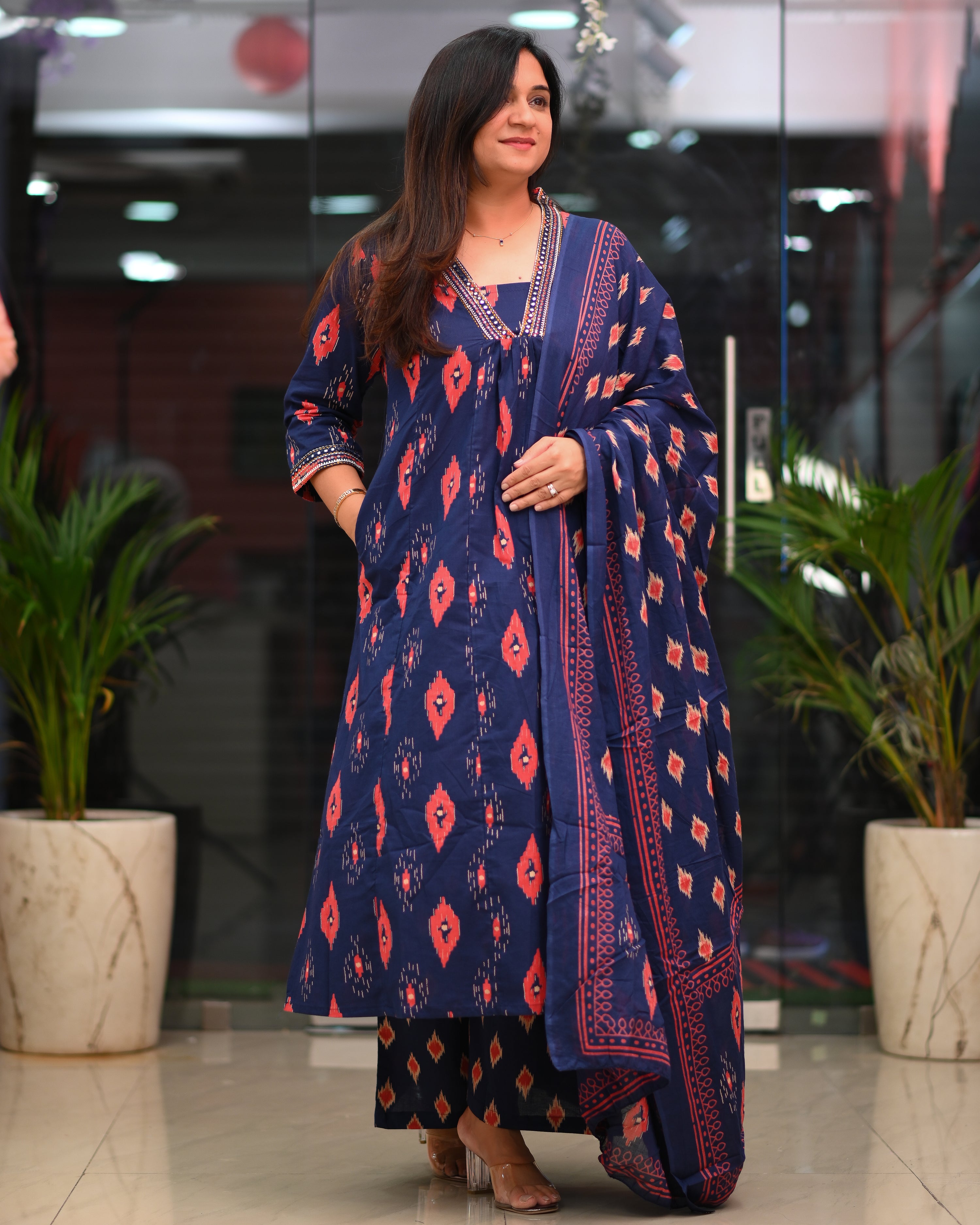 Heena Ikkat Cotton A-line Divider Set with Pockets - The Jaipur Studio