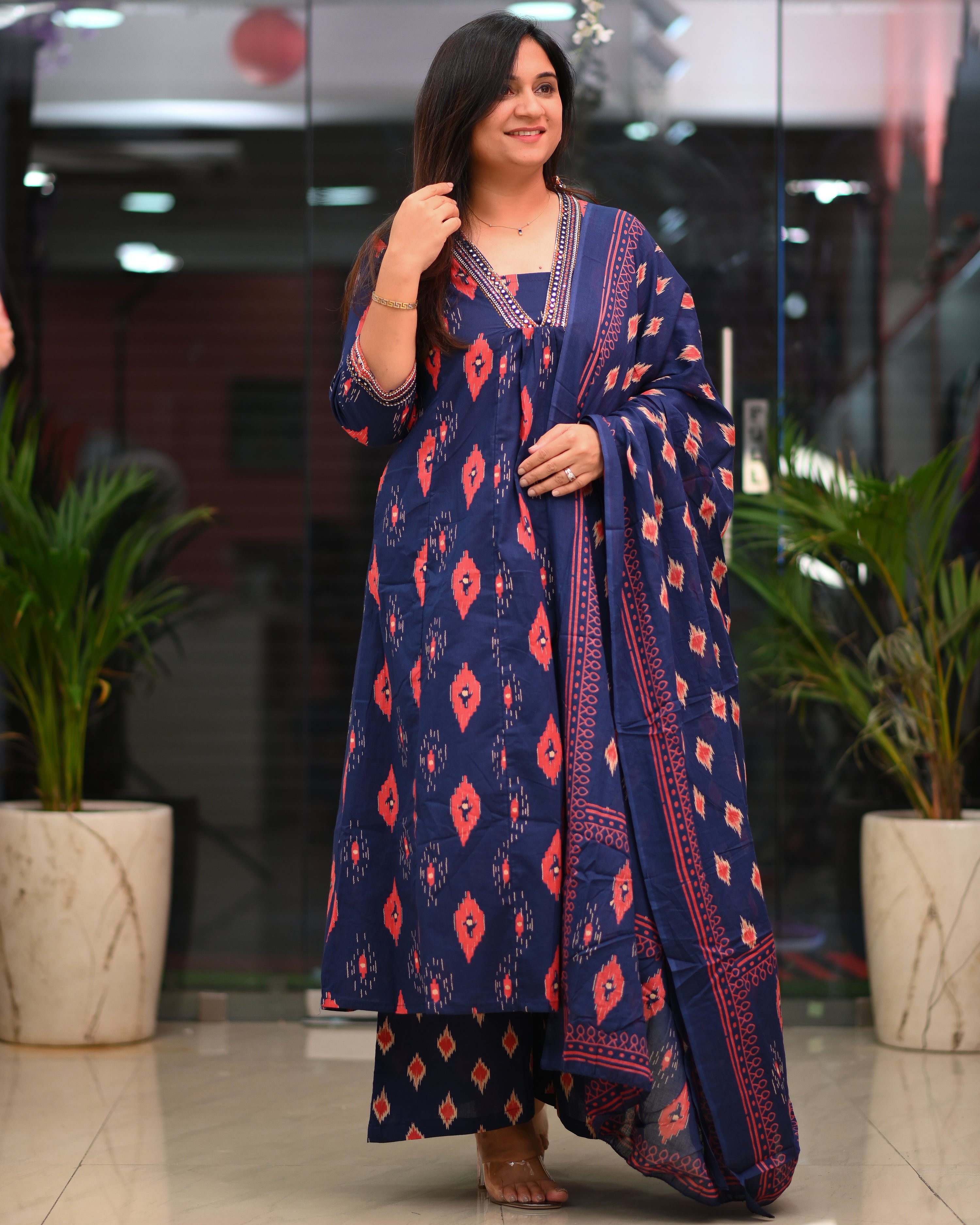 Heena Ikkat Cotton A-line Divider Set with Pockets - The Jaipur Studio
