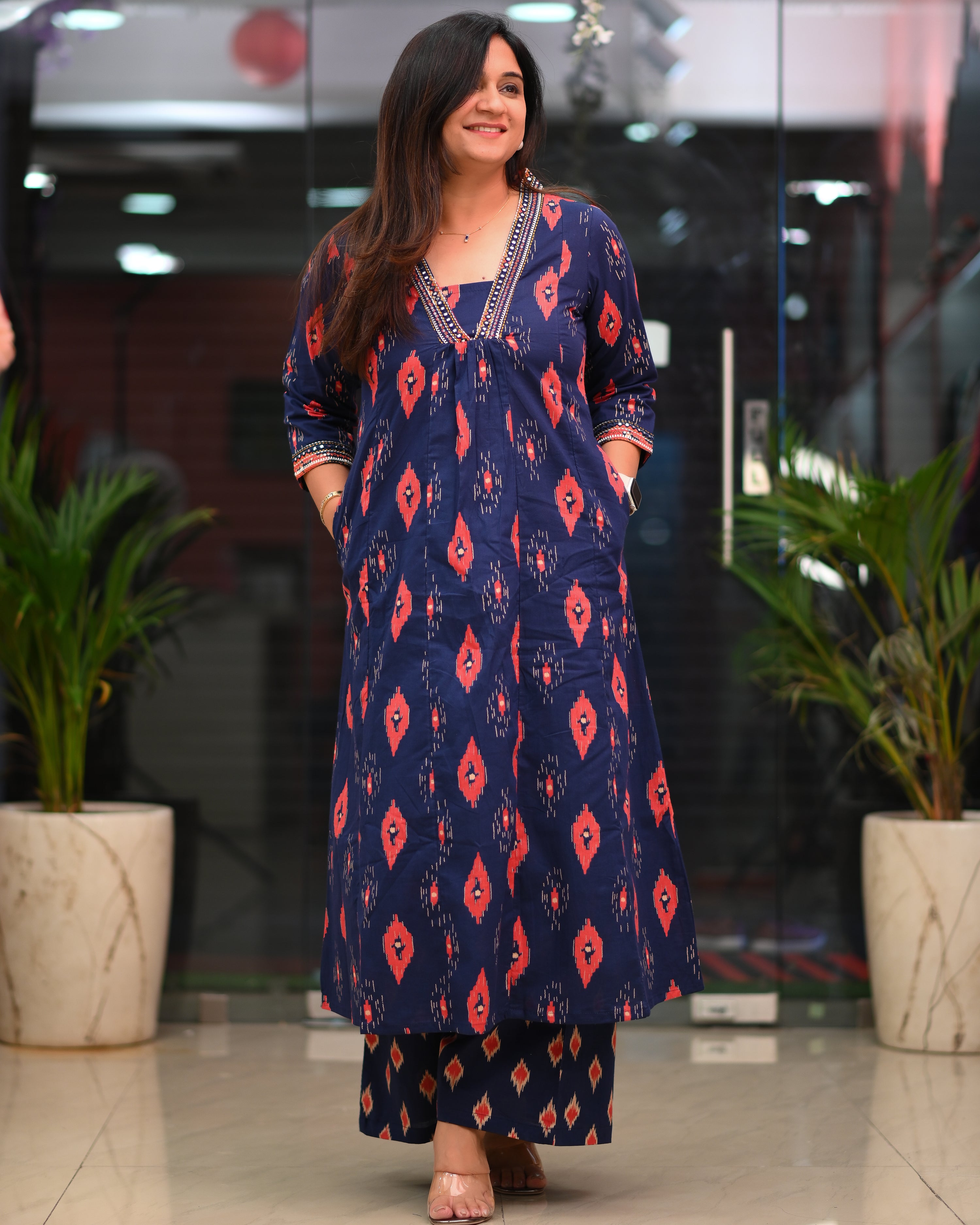Heena Ikkat Cotton A-line Divider Set with Pockets - The Jaipur Studio