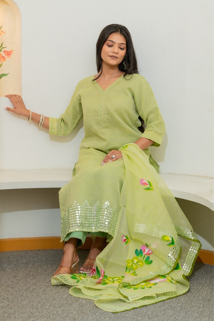 Kota Doria HandPainted Embroidered Pant Set - The Jaipur Studio