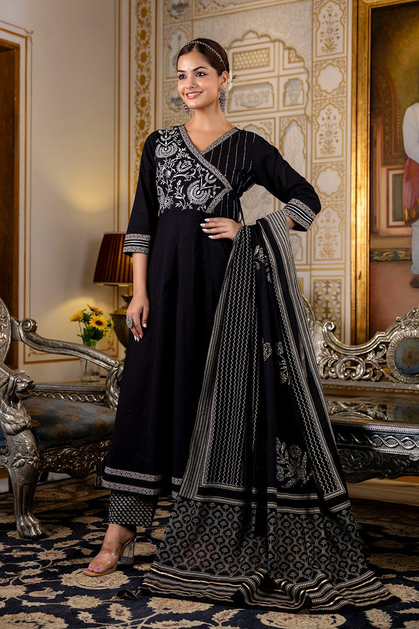 Cotton Angrakha Embroidered Festive Anarkali Set - The Jaipur Studio
