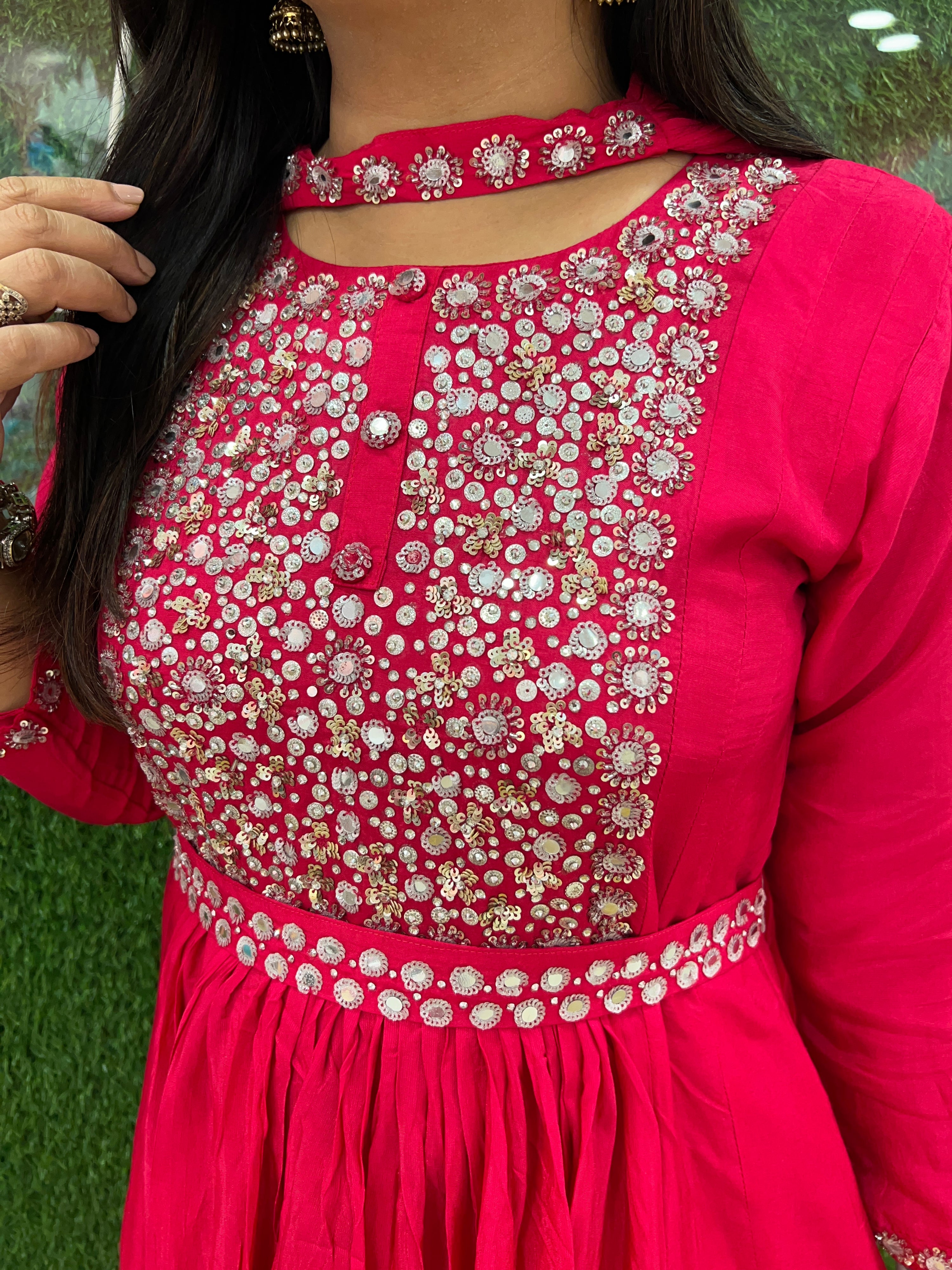 Seher Pink Hand Embroidered Muslin Long Gown - The Jaipur Studio