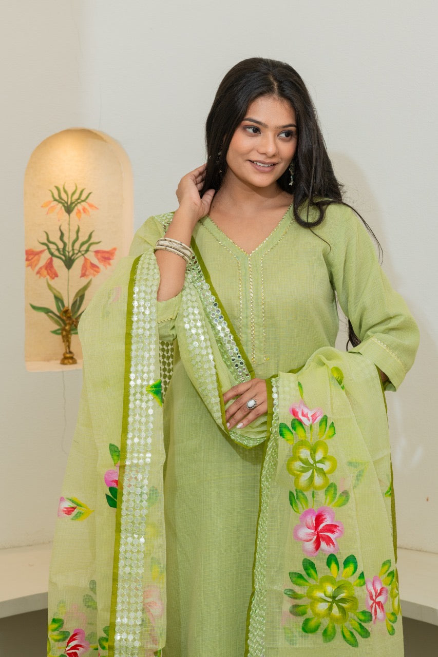 Kota Doria HandPainted Embroidered Pant Set - The Jaipur Studio