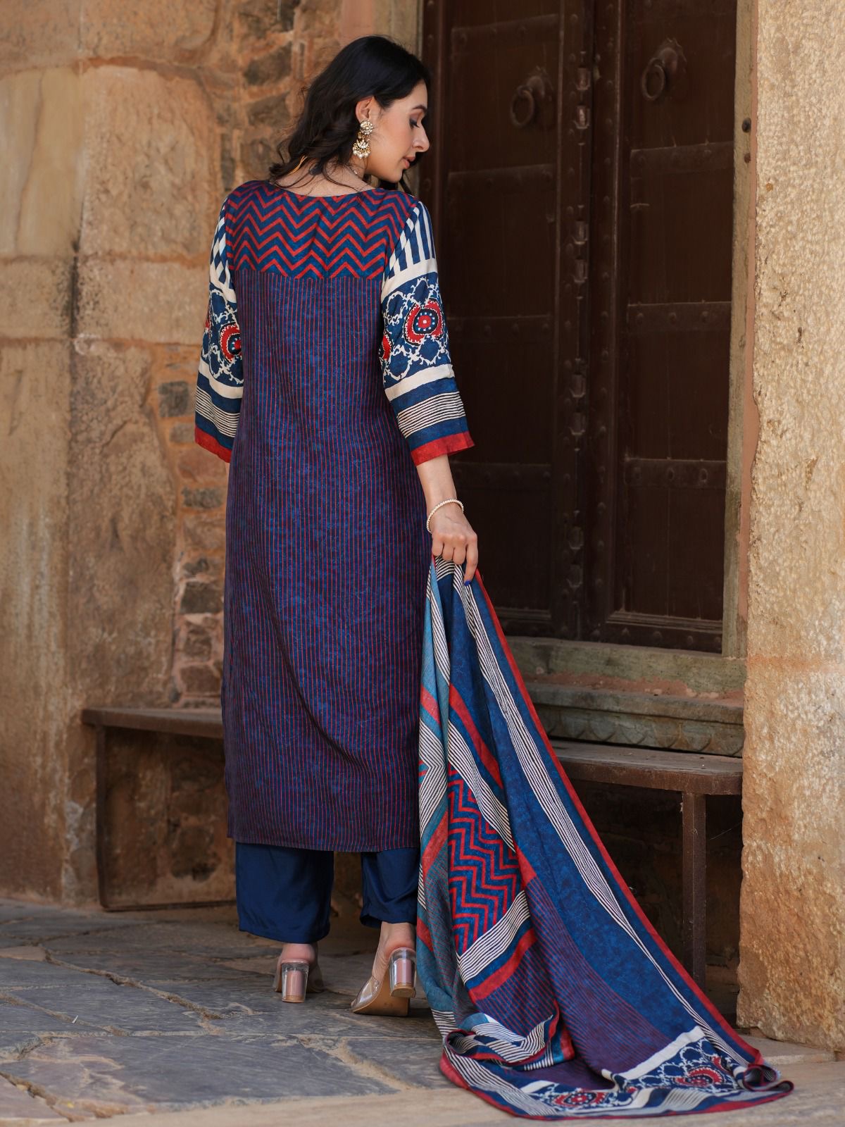 Muslin Batik Print Strips Embrodiered Pant Set - The Jaipur Studio
