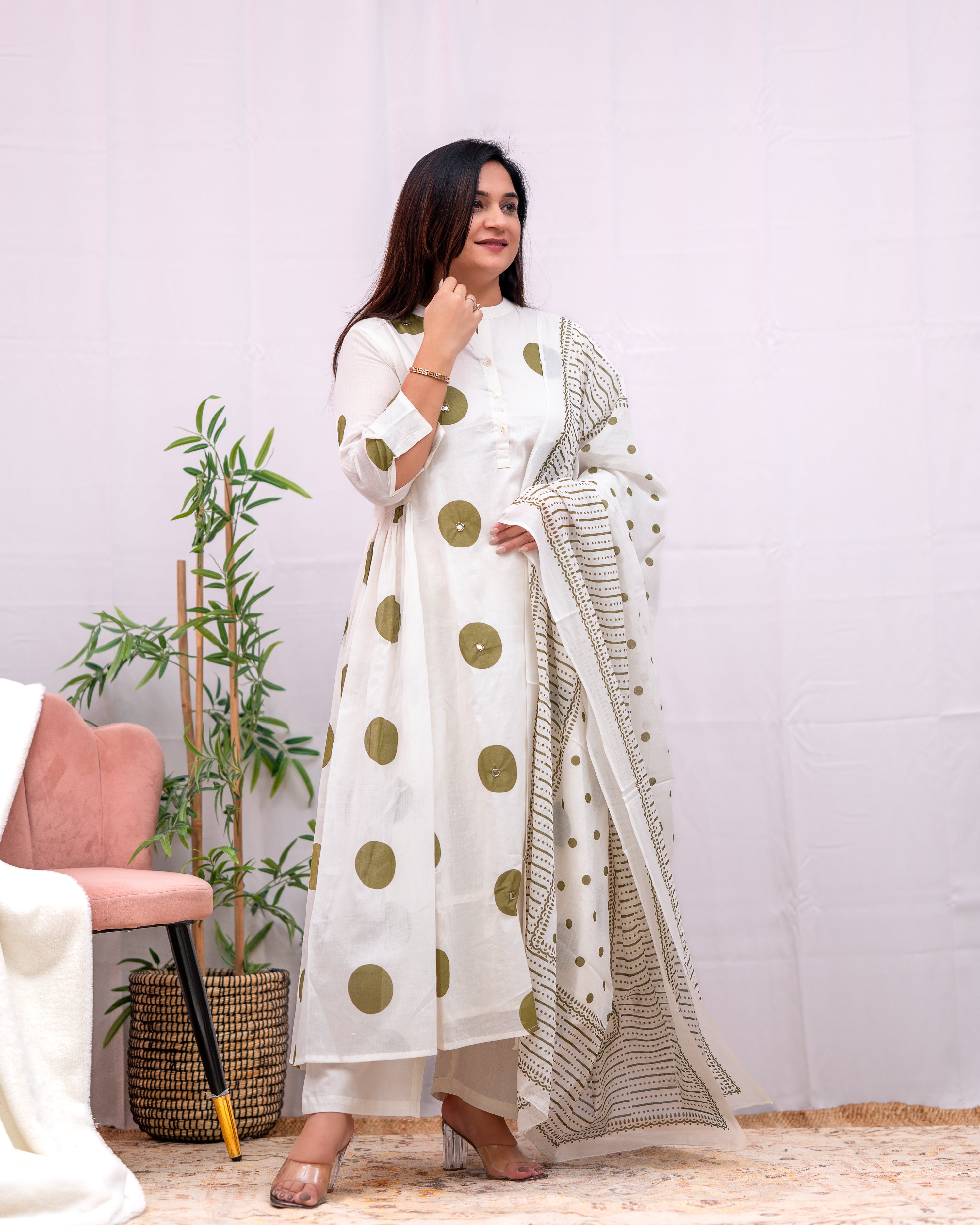 Razia Mul Cotton Polka Print Handwork Anarkali Pant Set - The Jaipur Studio
