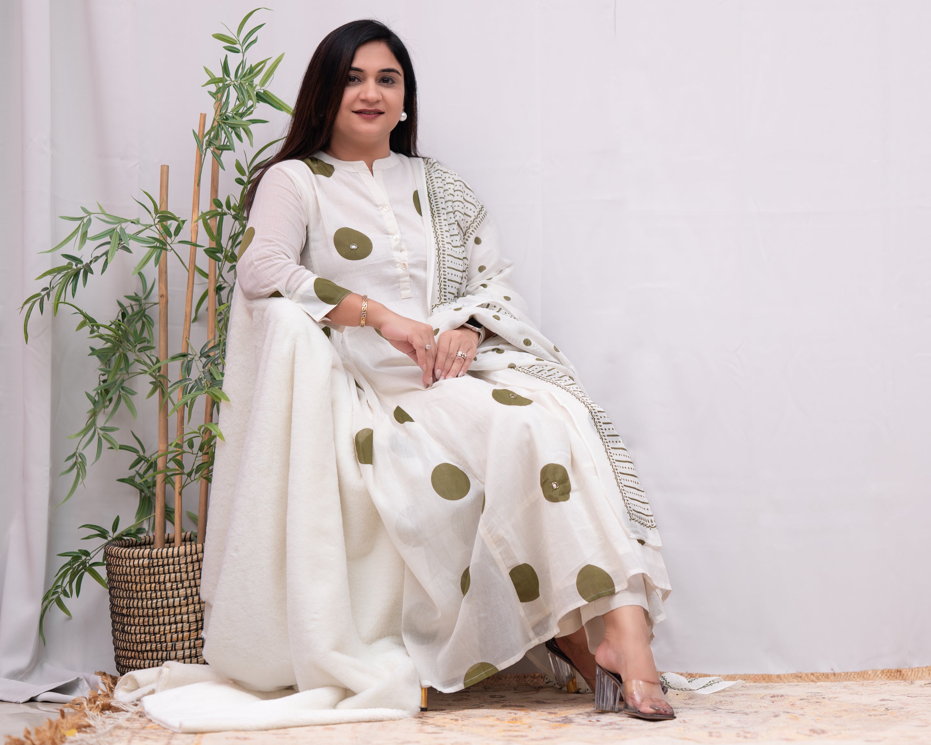 Razia Mul Cotton Polka Print Handwork Anarkali Pant Set - The Jaipur Studio