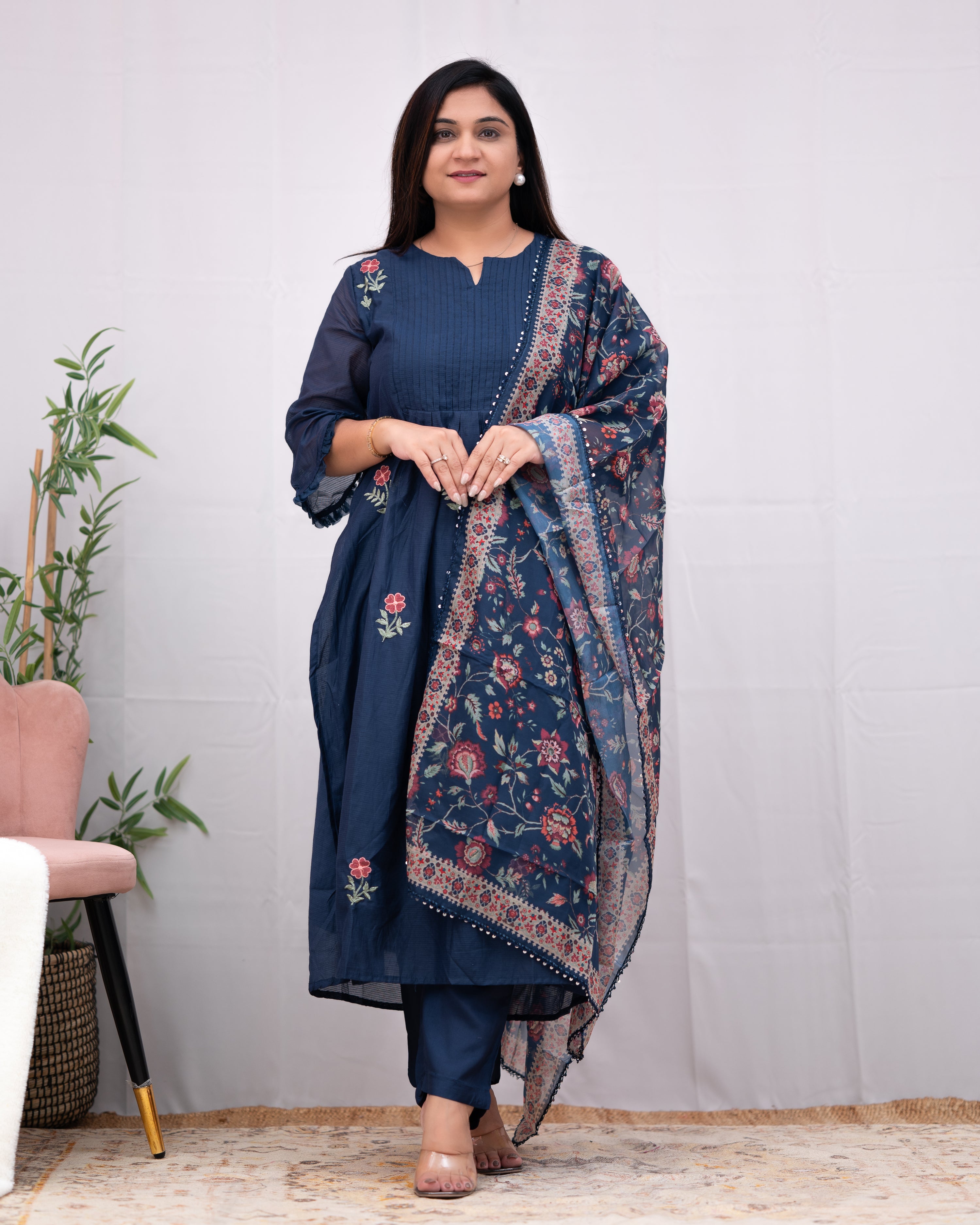 Gorika Russian Chanderi Embroidered Pant Set - The Jaipur Studio