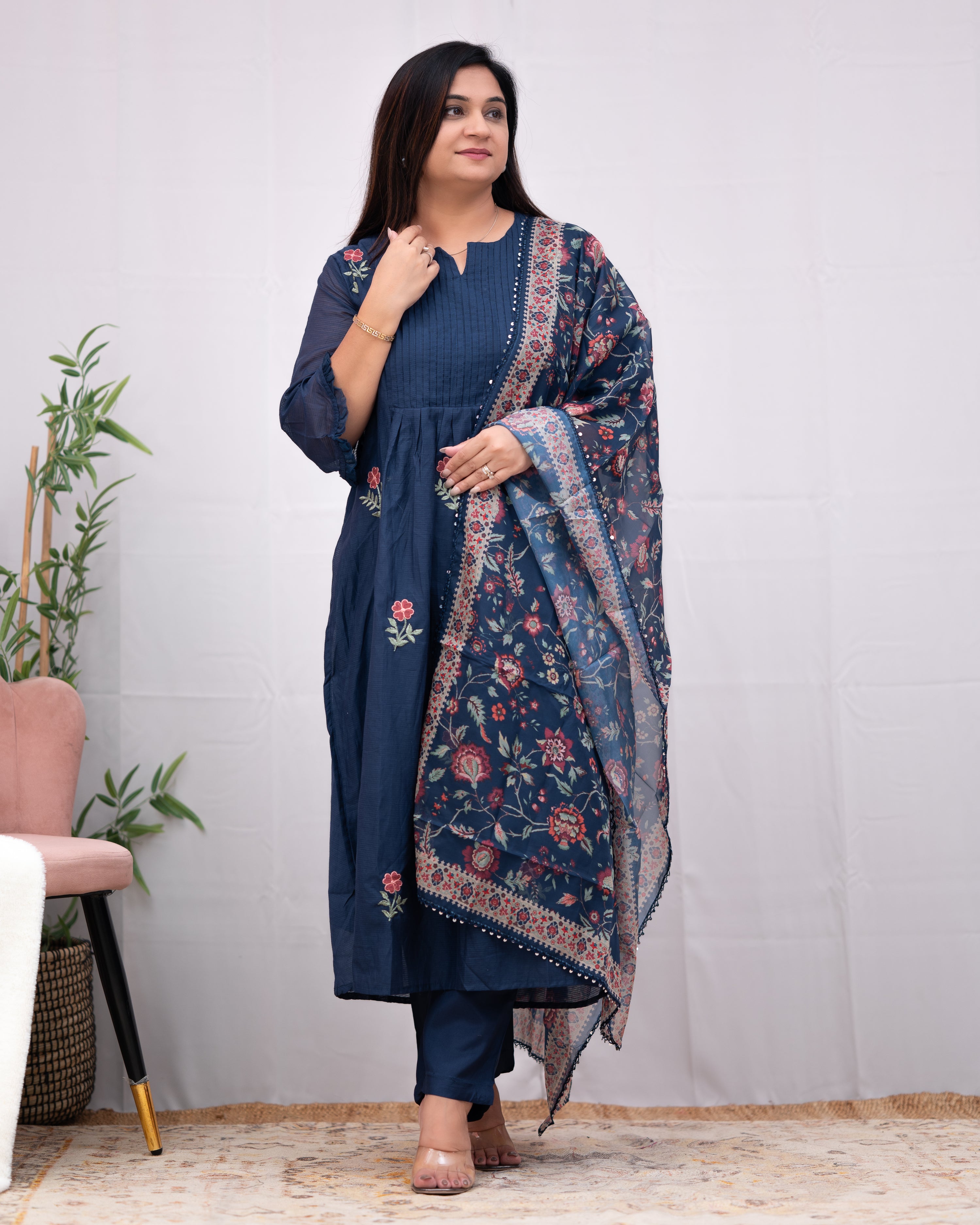 Gorika Russian Chanderi Embroidered Pant Set - The Jaipur Studio