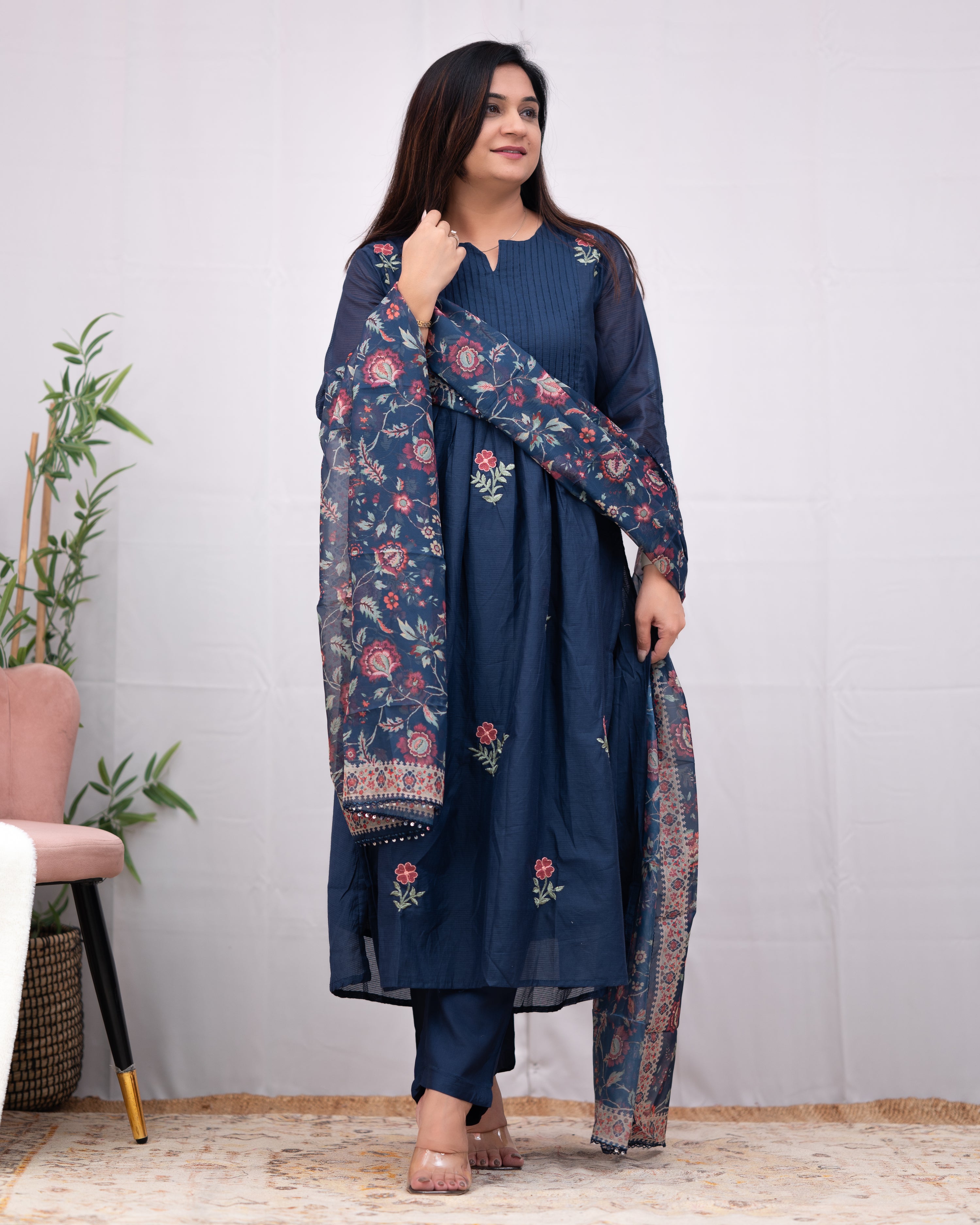 Gorika Russian Chanderi Embroidered Pant Set - The Jaipur Studio