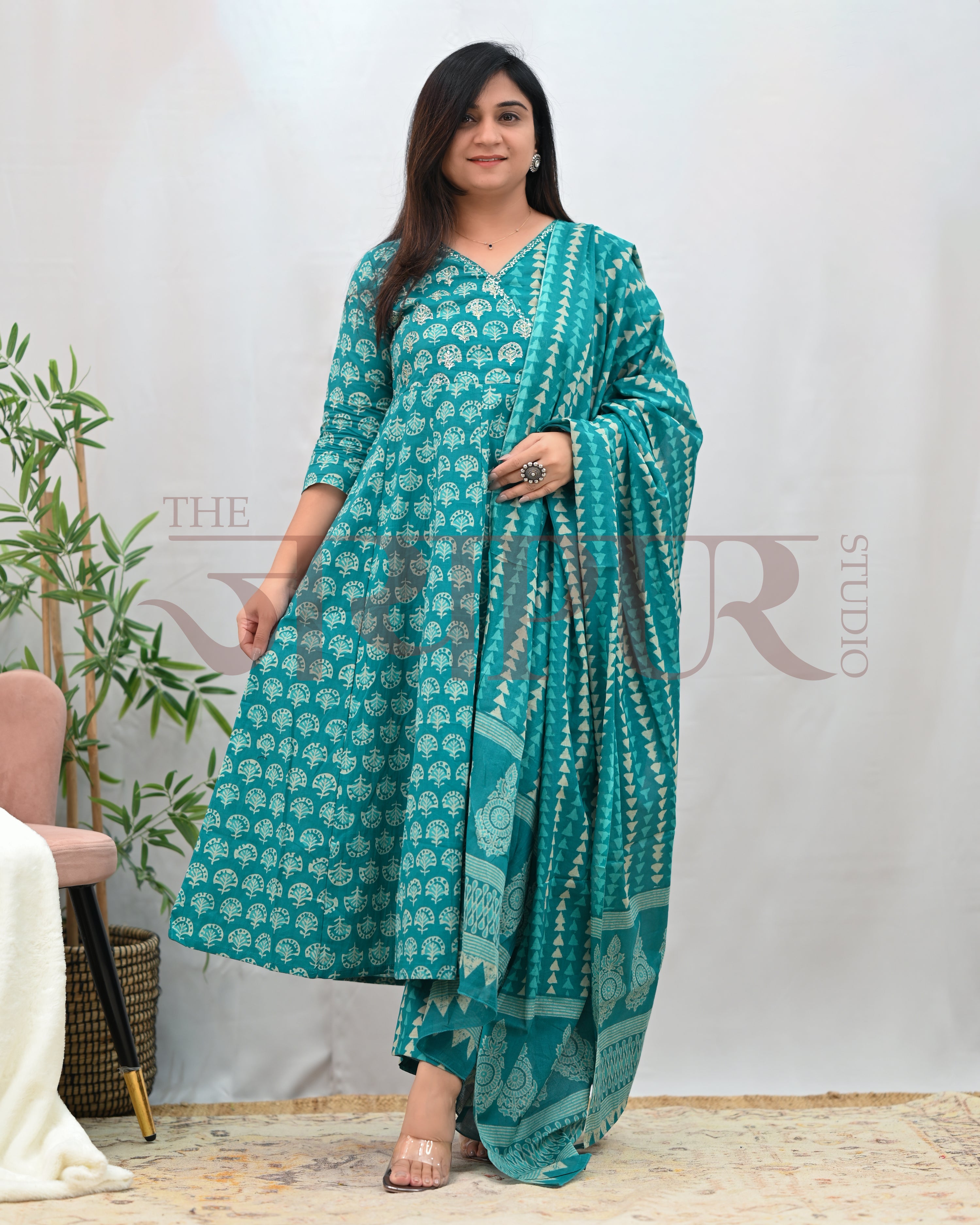 Anushka Bagru Print Embroidered Anarkali Set - The Jaipur Studio