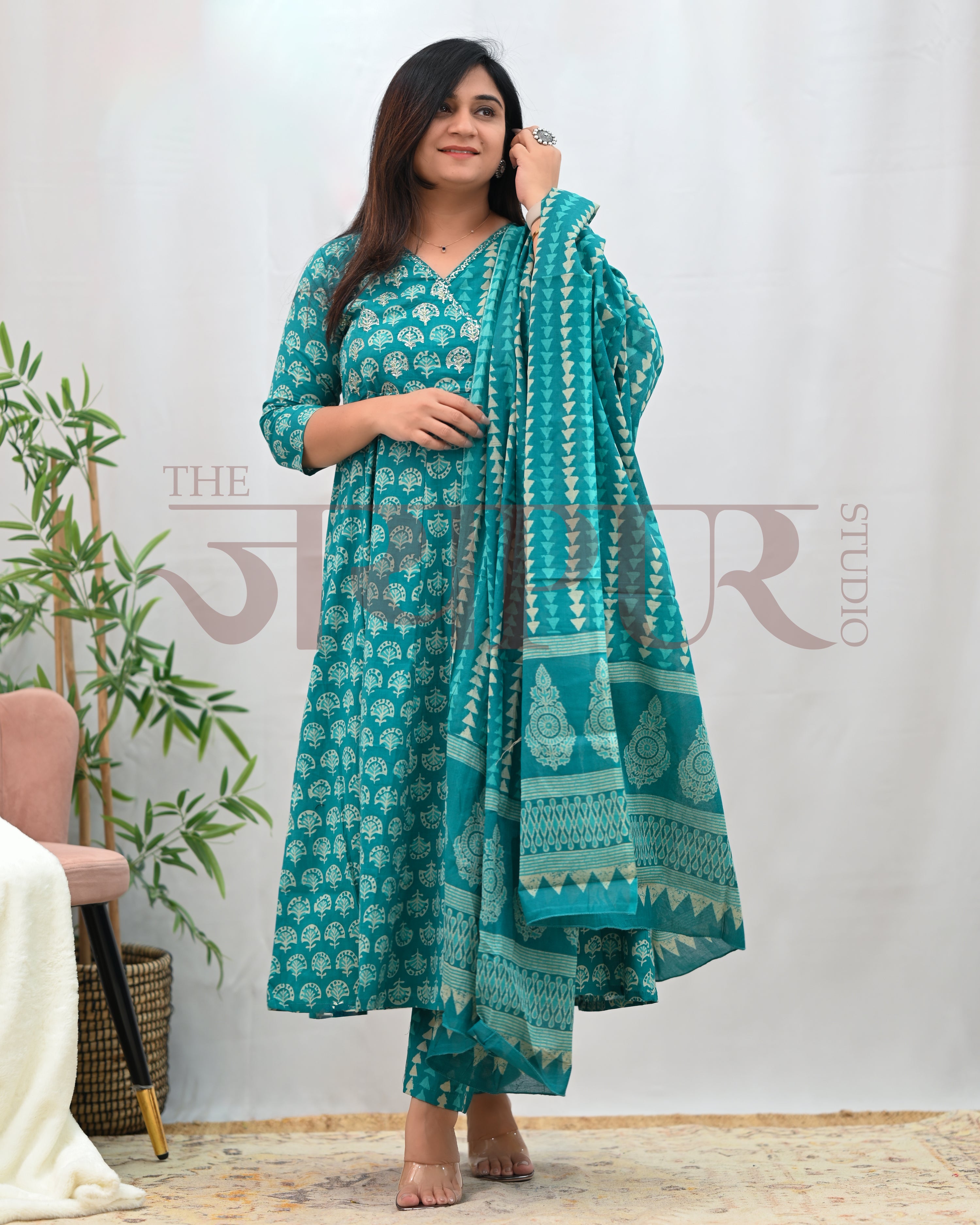 Anushka Bagru Print Embroidered Anarkali Set - The Jaipur Studio