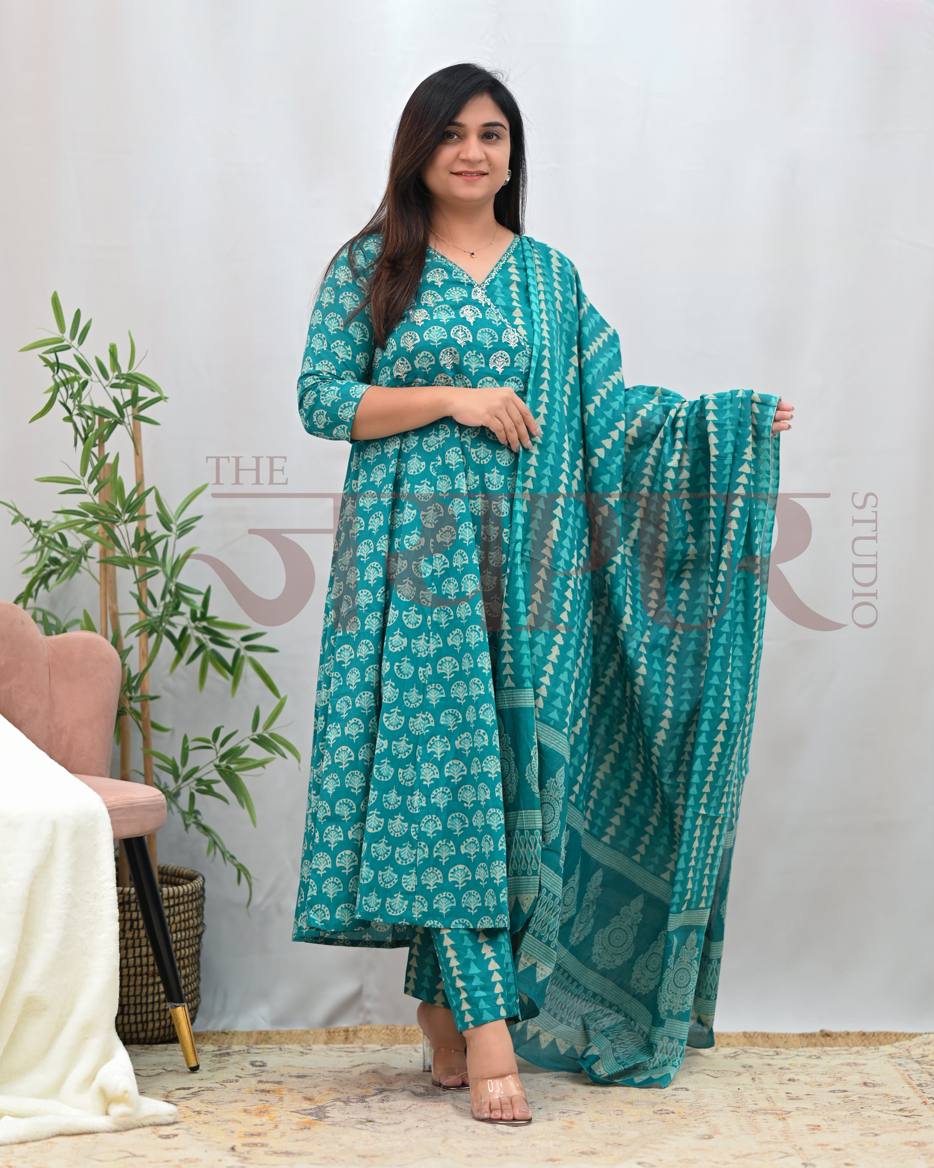 Anushka Bagru Print Embroidered Anarkali Set - The Jaipur Studio