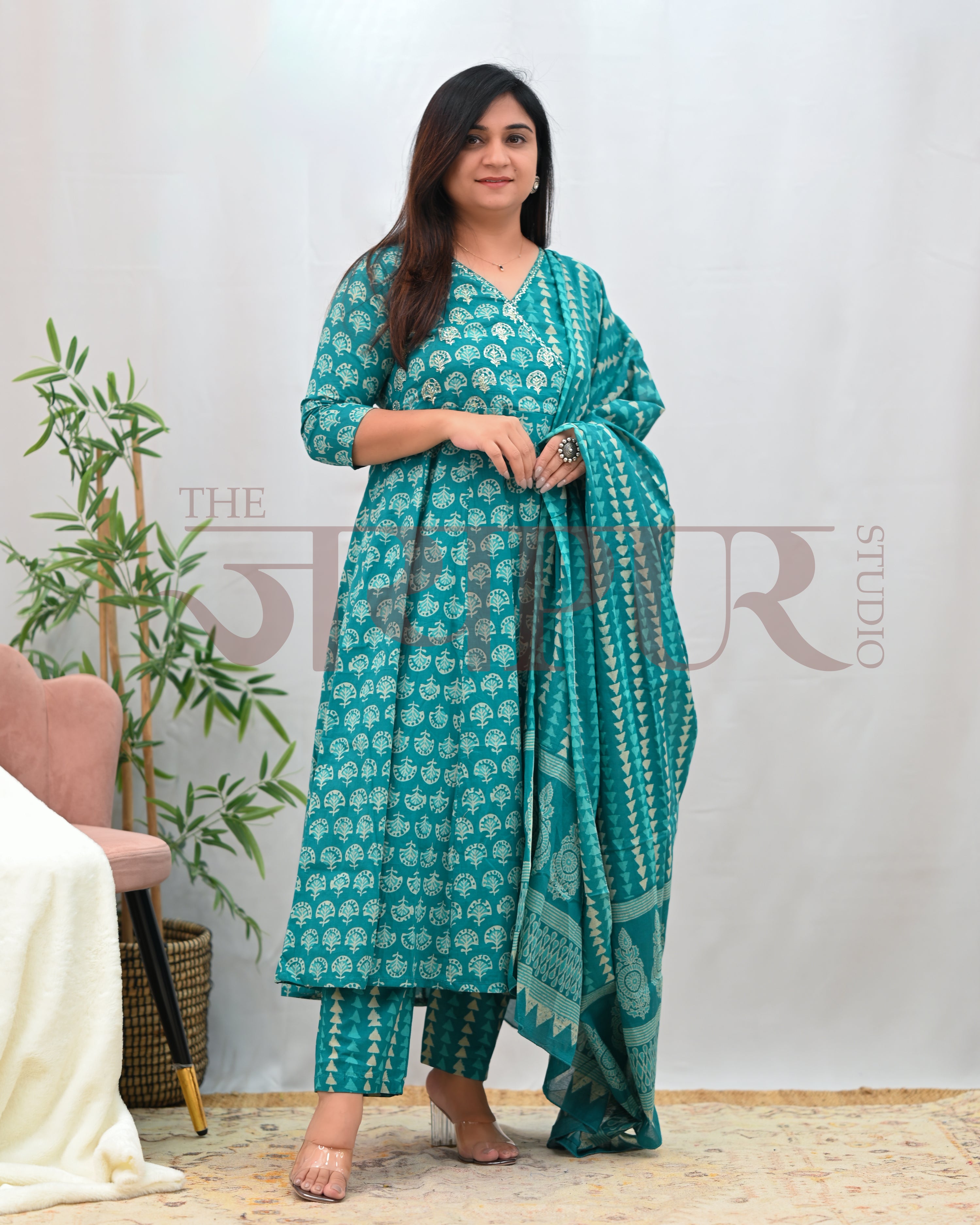 Anushka Bagru Print Embroidered Anarkali Set - The Jaipur Studio