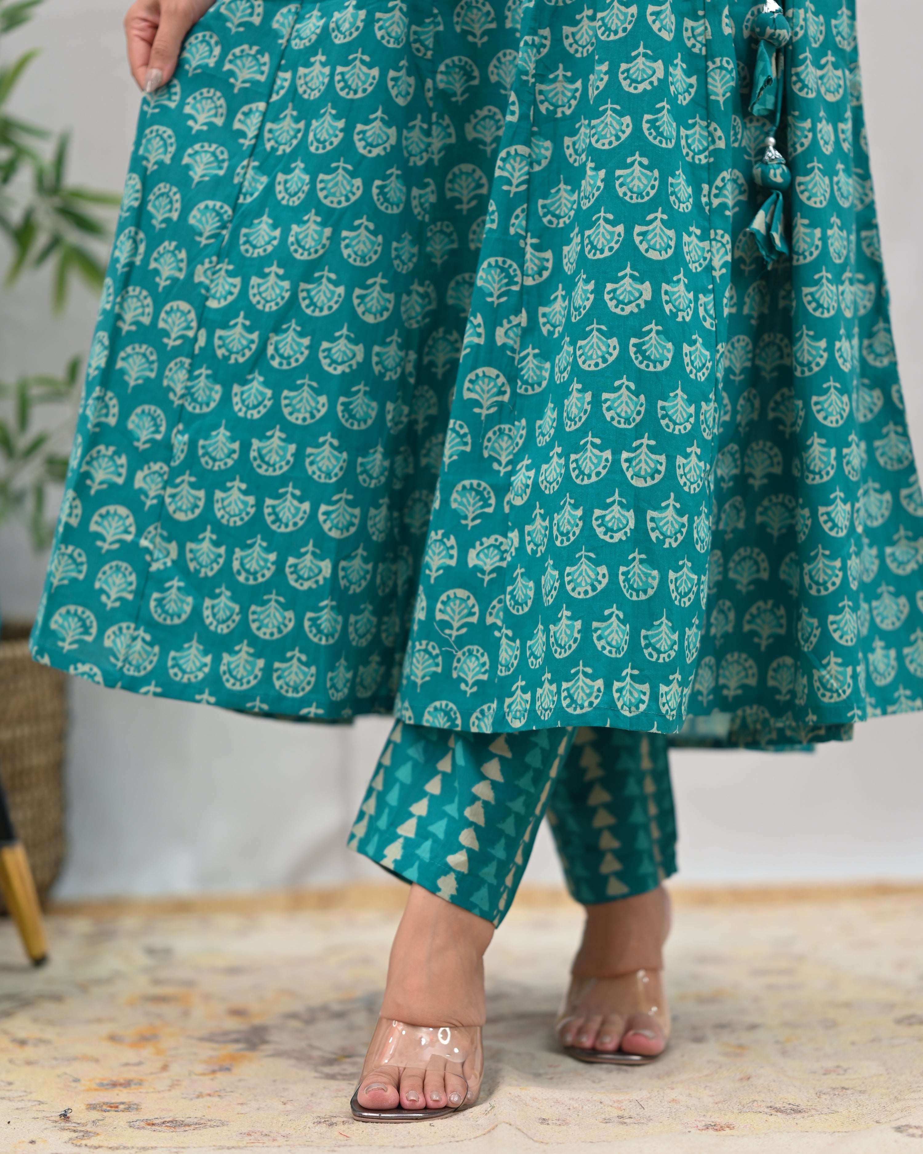 Anushka Bagru Print Embroidered Anarkali Set - The Jaipur Studio