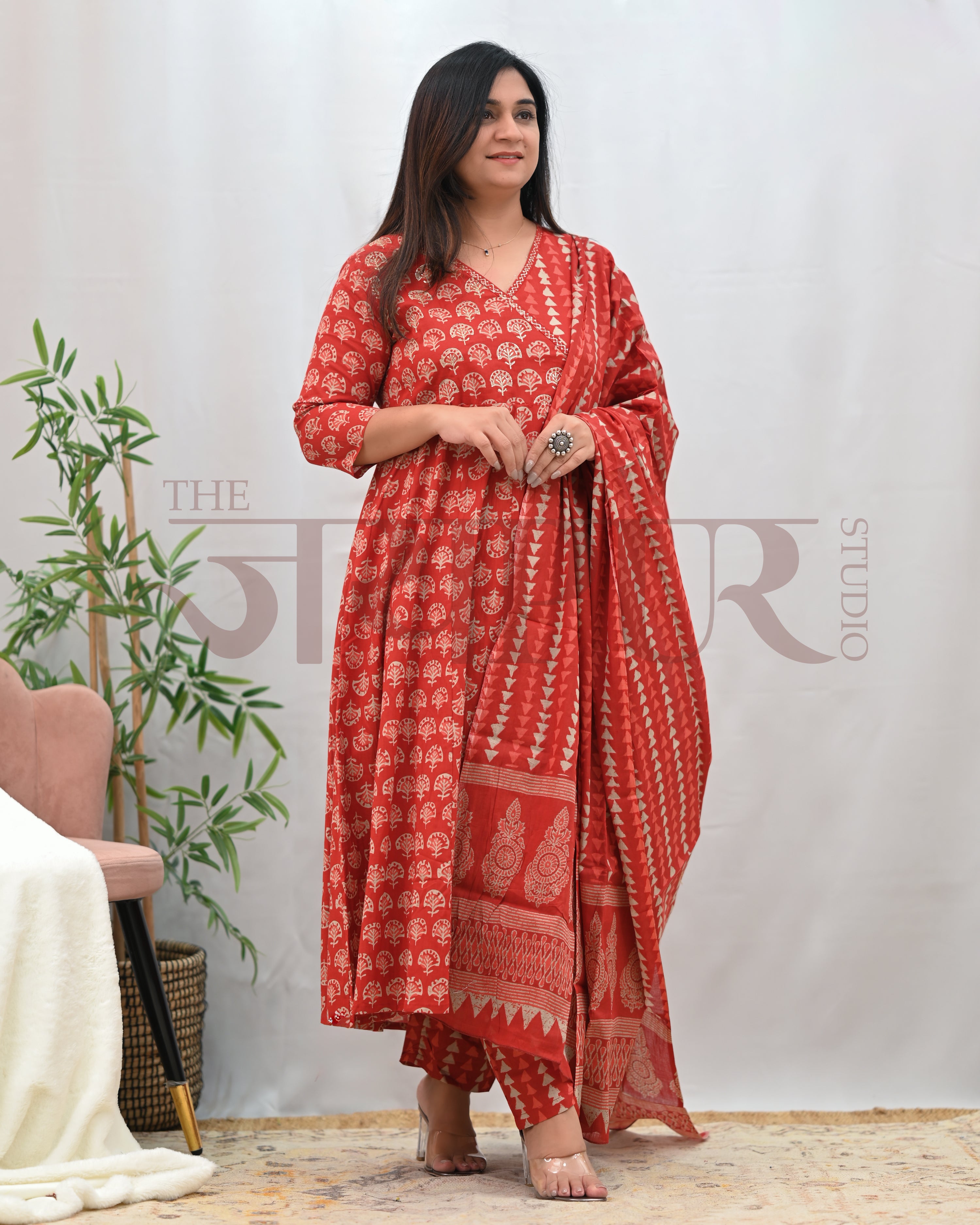 Anushka Bagru Print Embroidered Anarkali Set - The Jaipur Studio