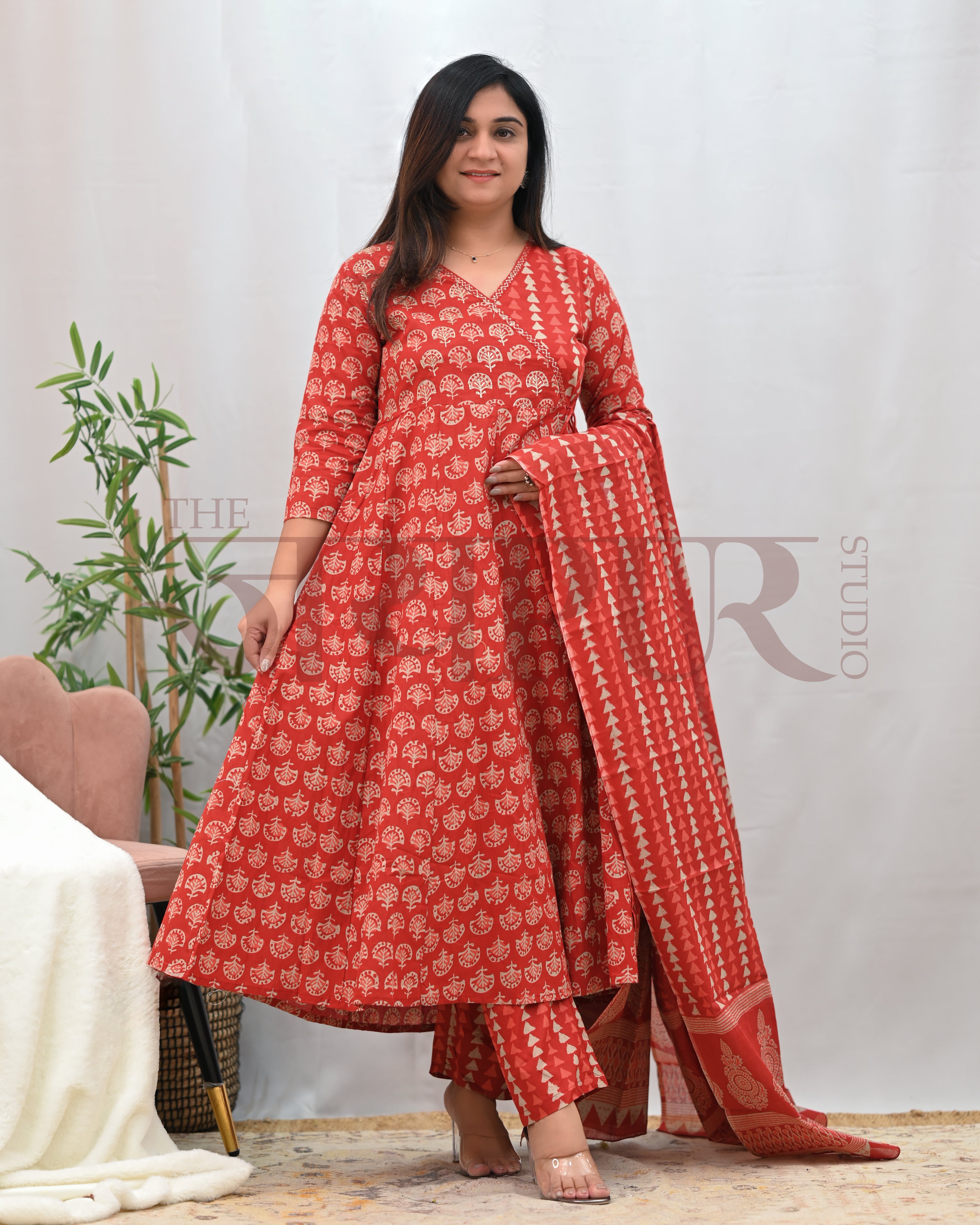 Anushka Bagru Print Embroidered Anarkali Set - The Jaipur Studio