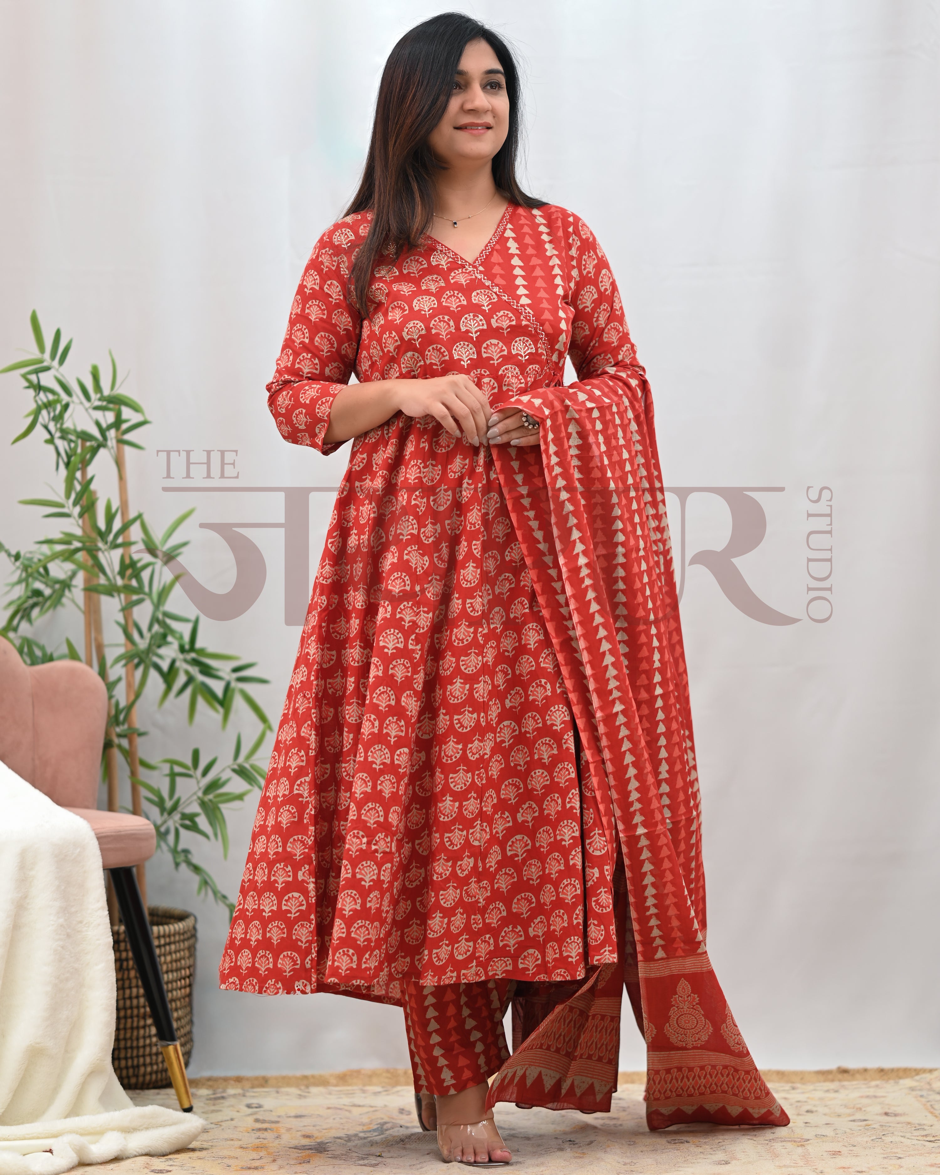 Anushka Bagru Print Embroidered Anarkali Set - The Jaipur Studio