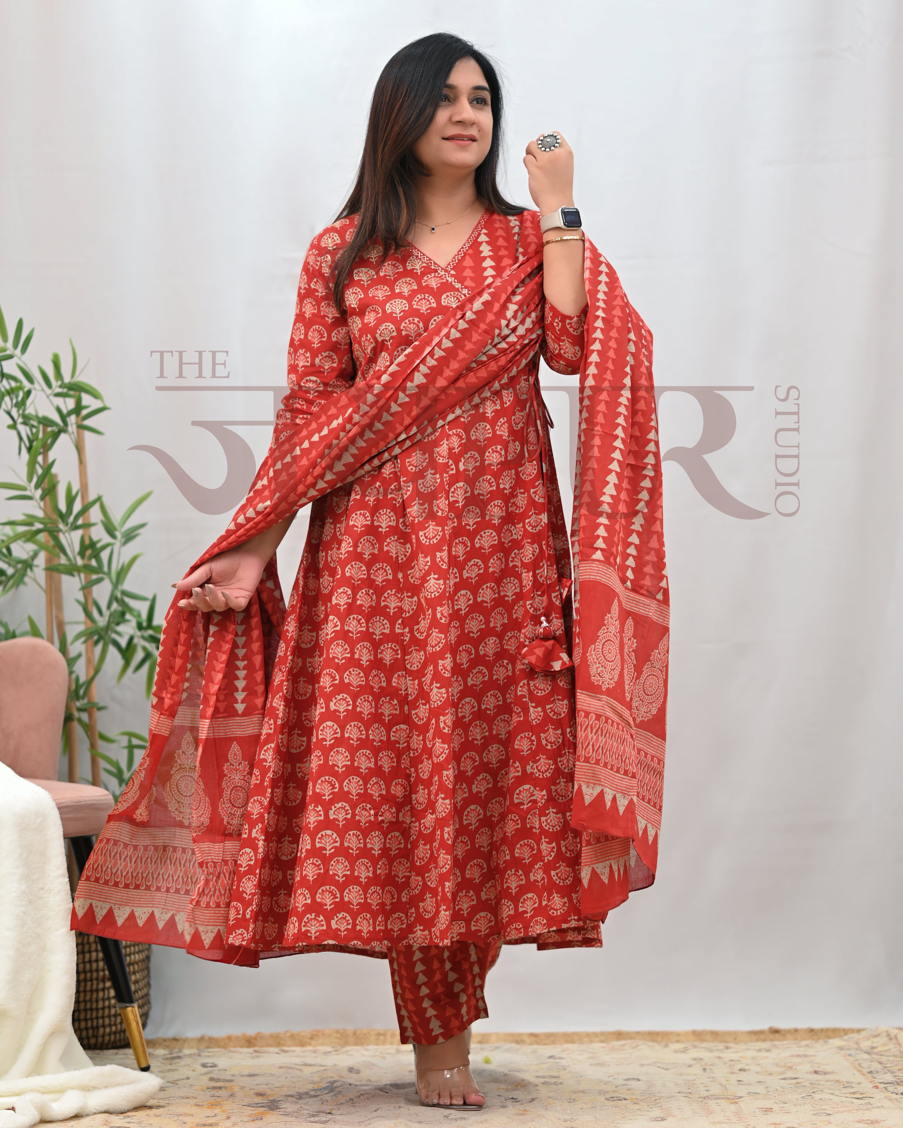 Anushka Bagru Print Embroidered Anarkali Set - The Jaipur Studio